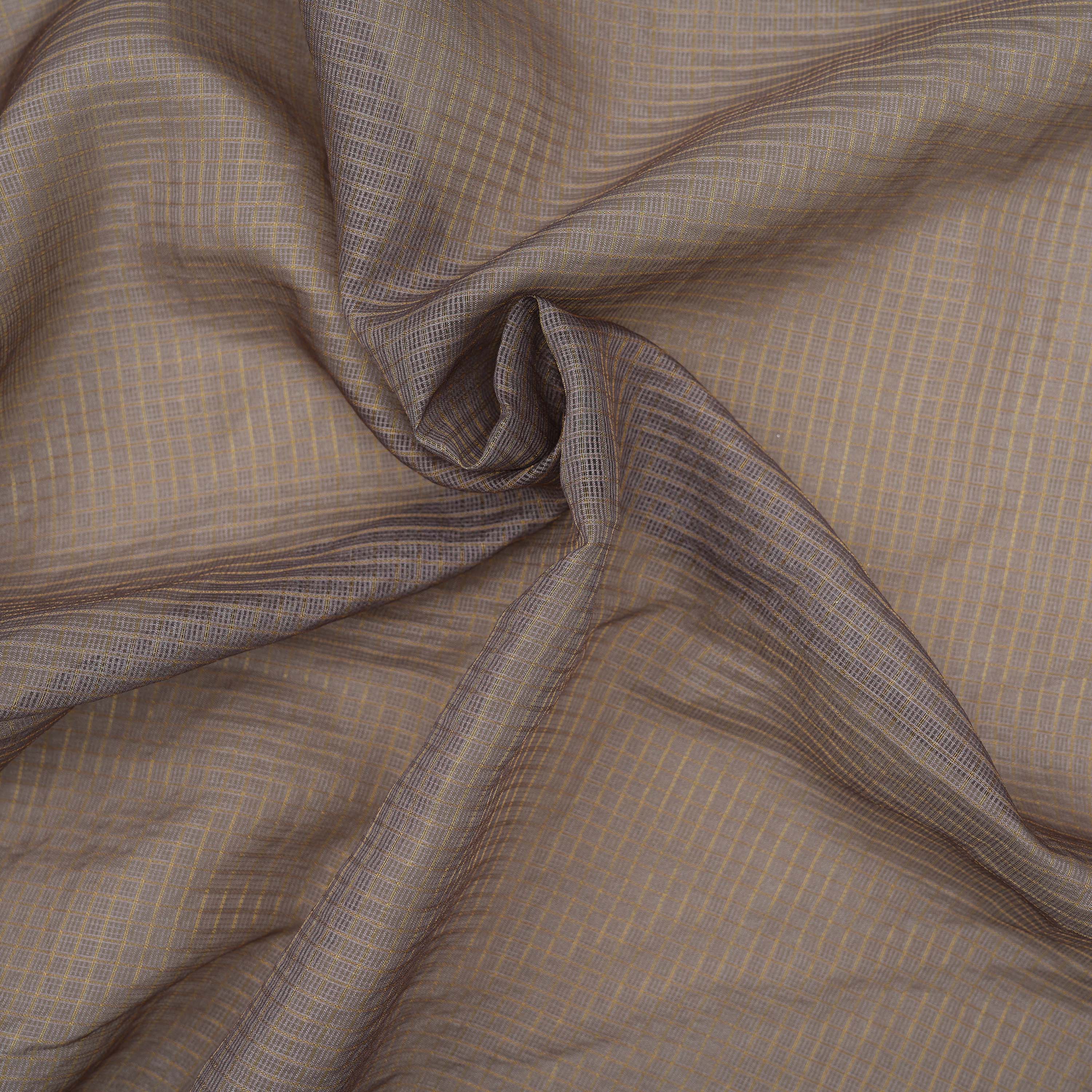 Sand Stone Brown Checks And Floral Contrast Border Kota Fabric