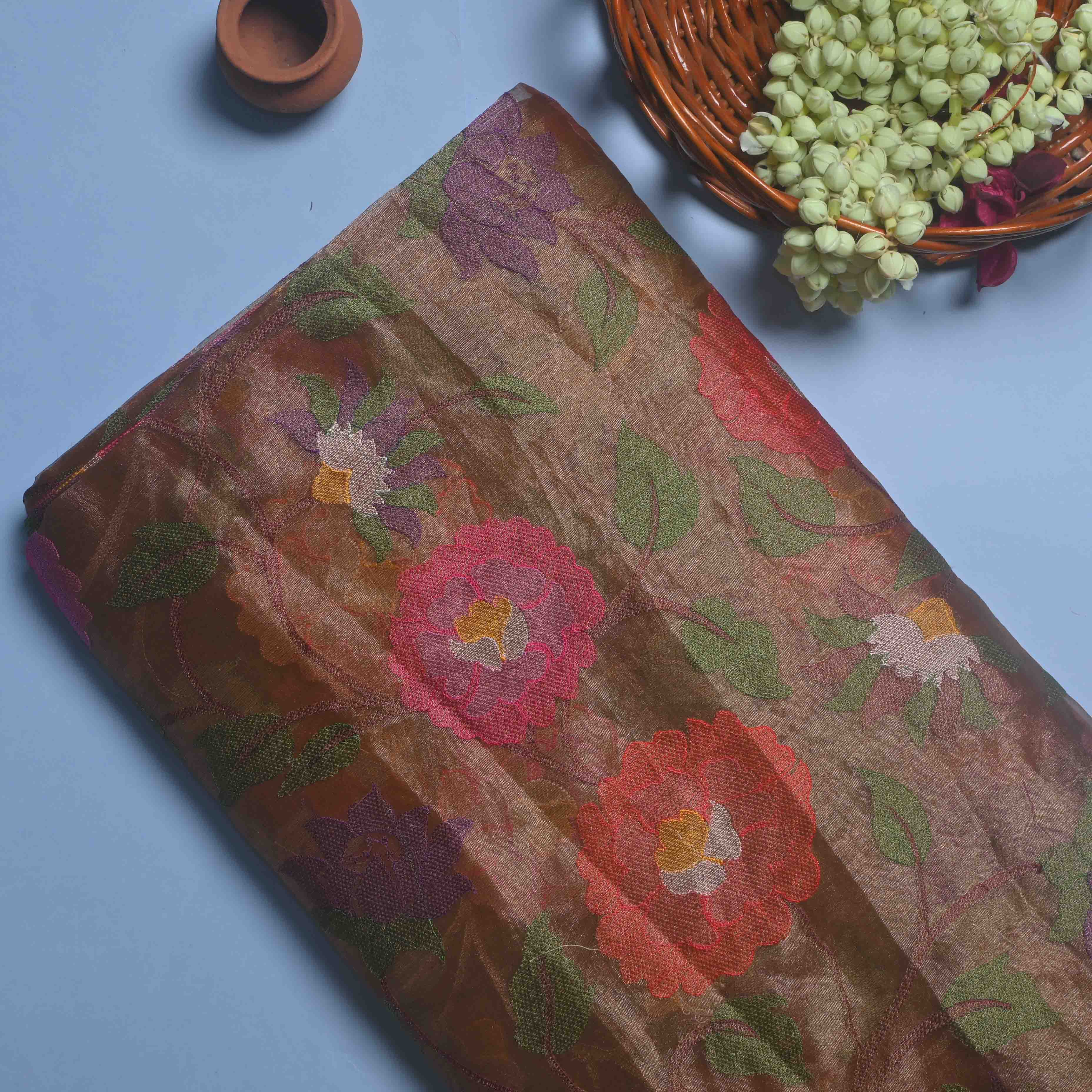 Dull Gold Tissue Fabric With Jaal Embroidery