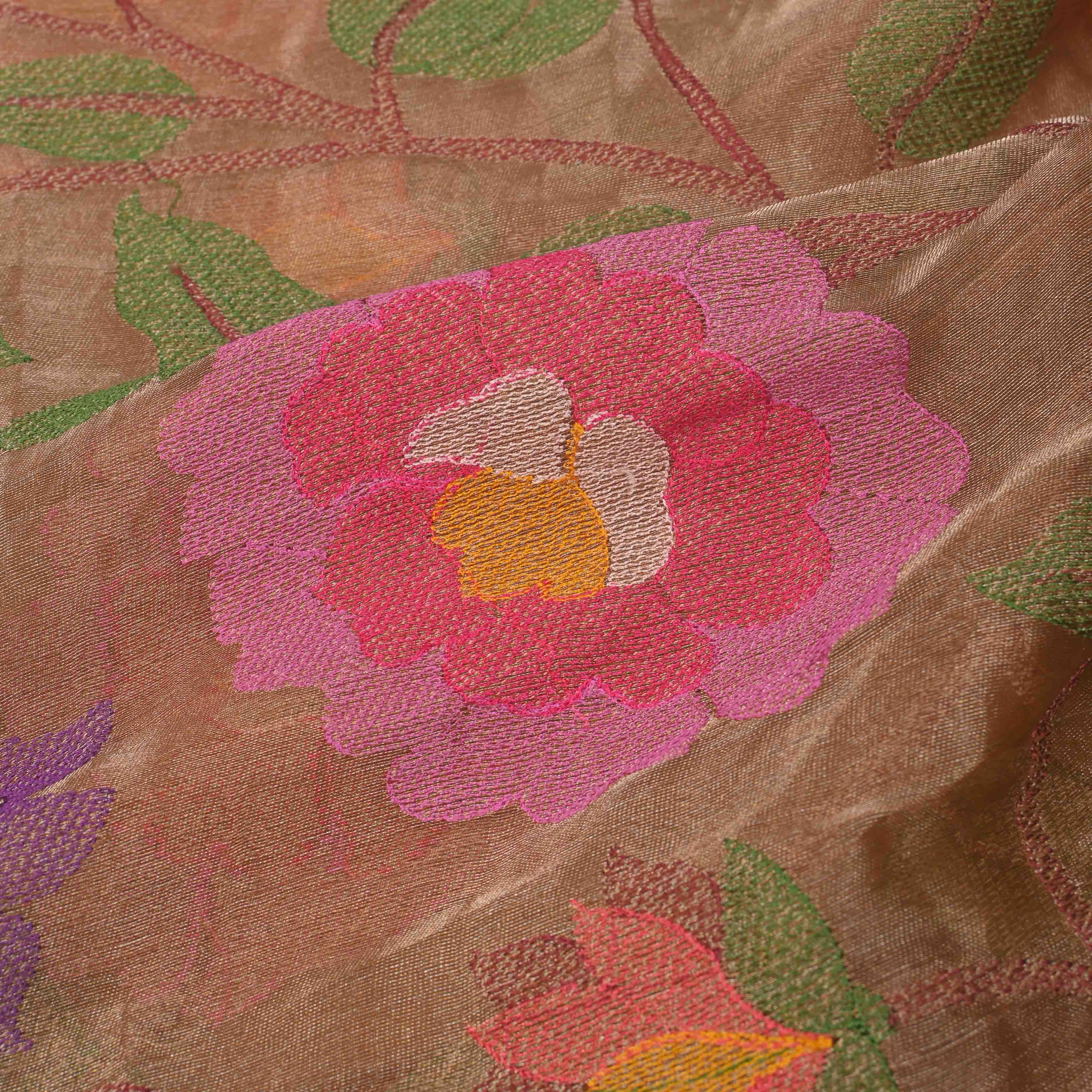 Dull Gold Tissue Fabric With Jaal Embroidery
