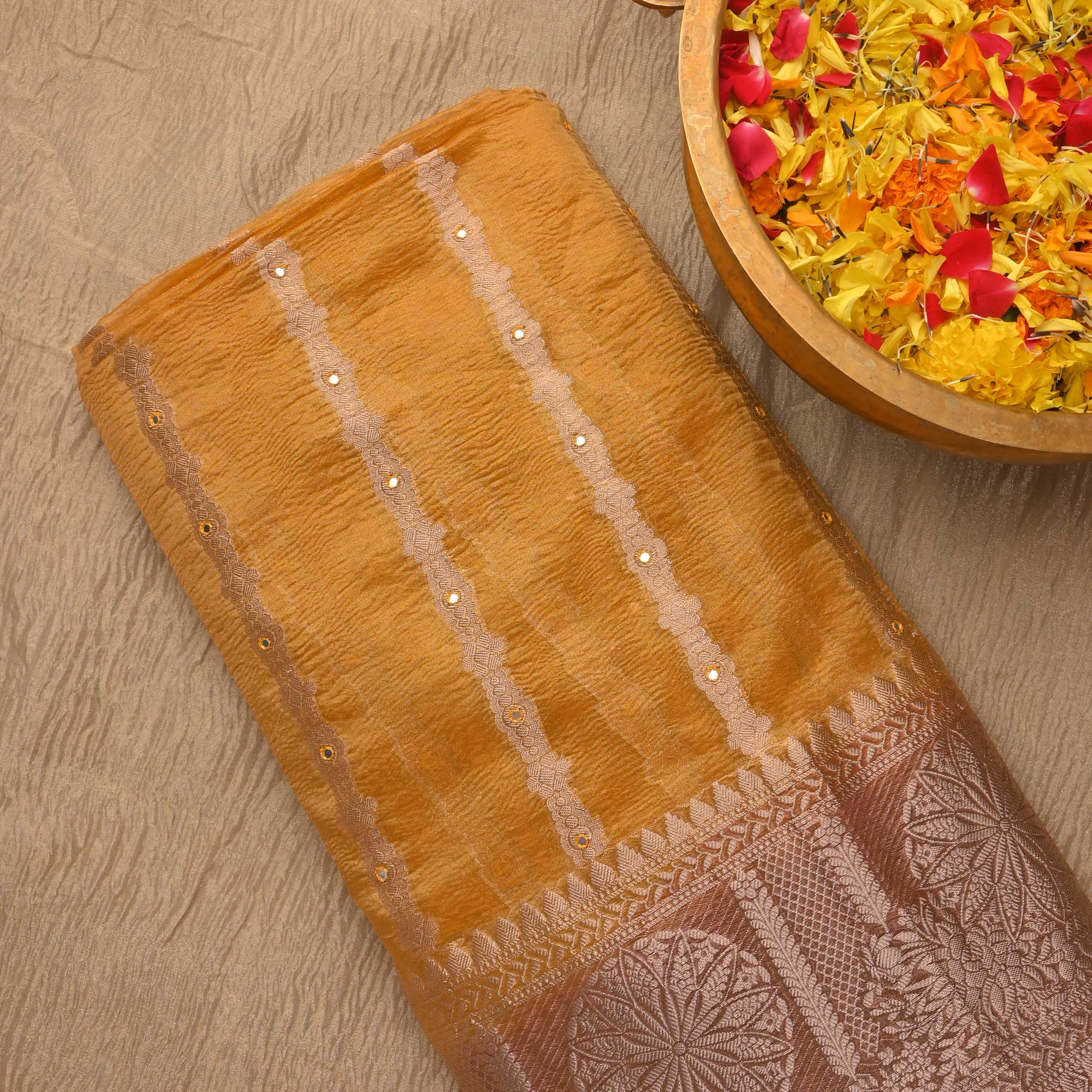 Saffron Yellow Kanchi Tissue Stripes Fabric