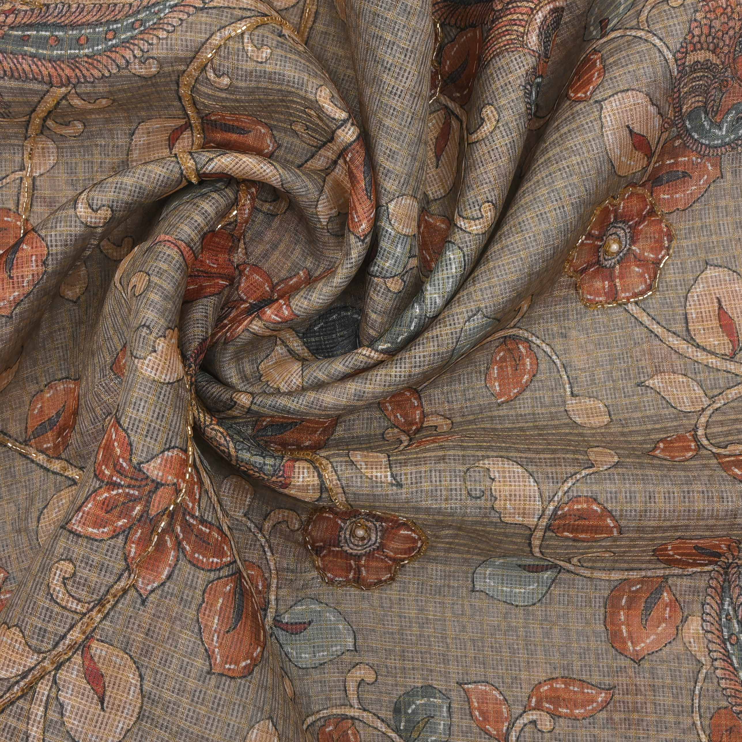 Vintage Grey Printed Kota Fabric With Embroidery