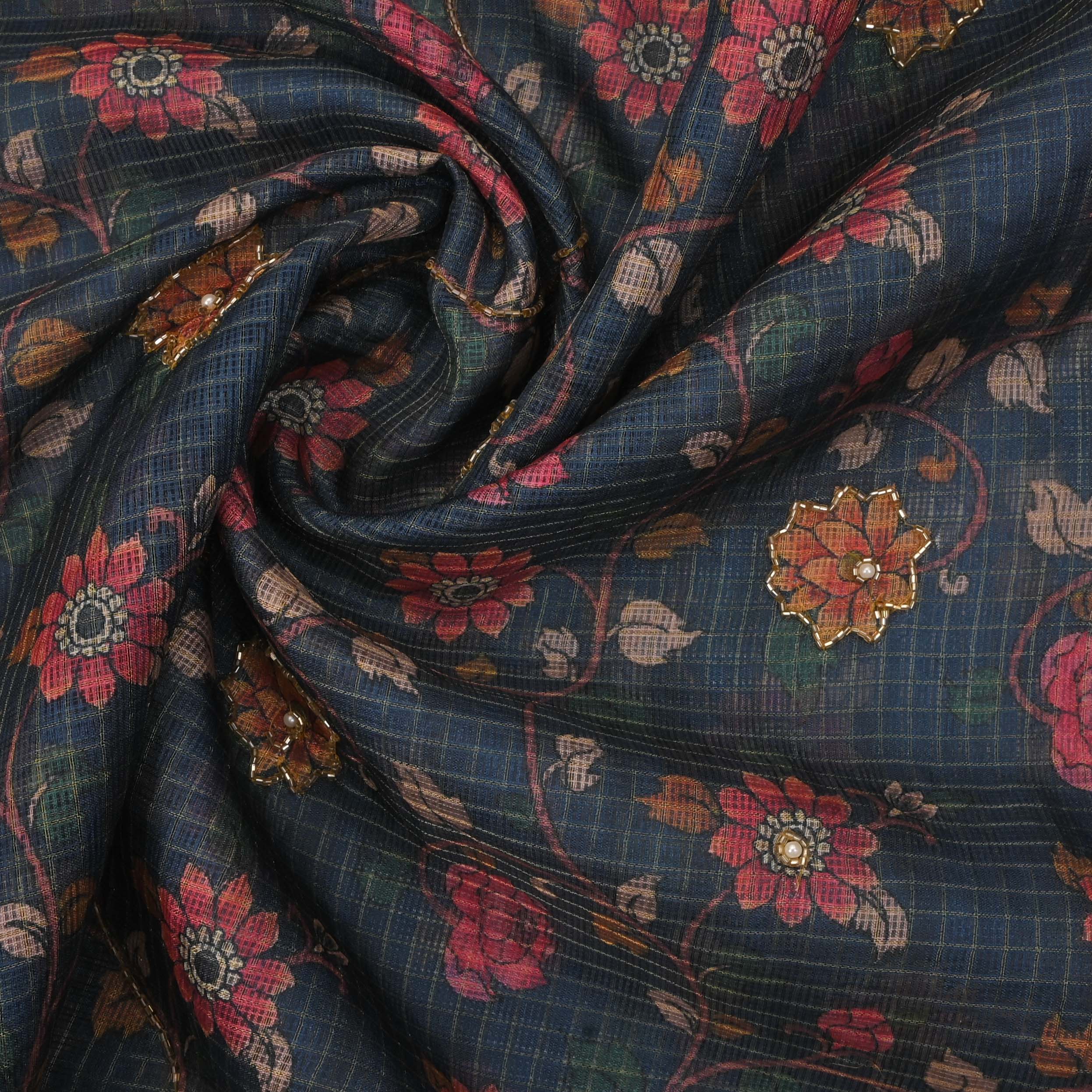 Aegean Blue Printed Kota Fabric With Embroidery
