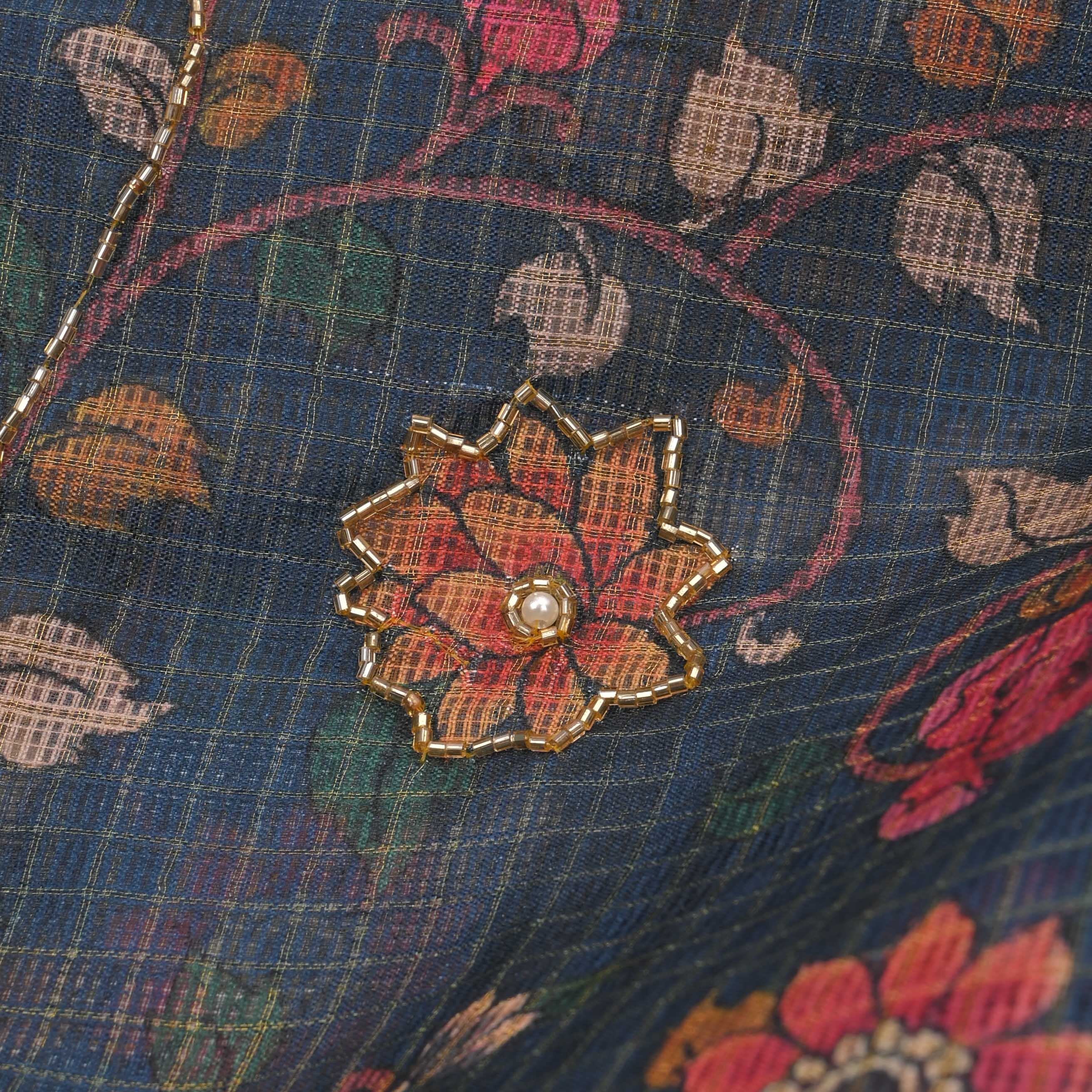 Aegean Blue Printed Kota Fabric With Embroidery