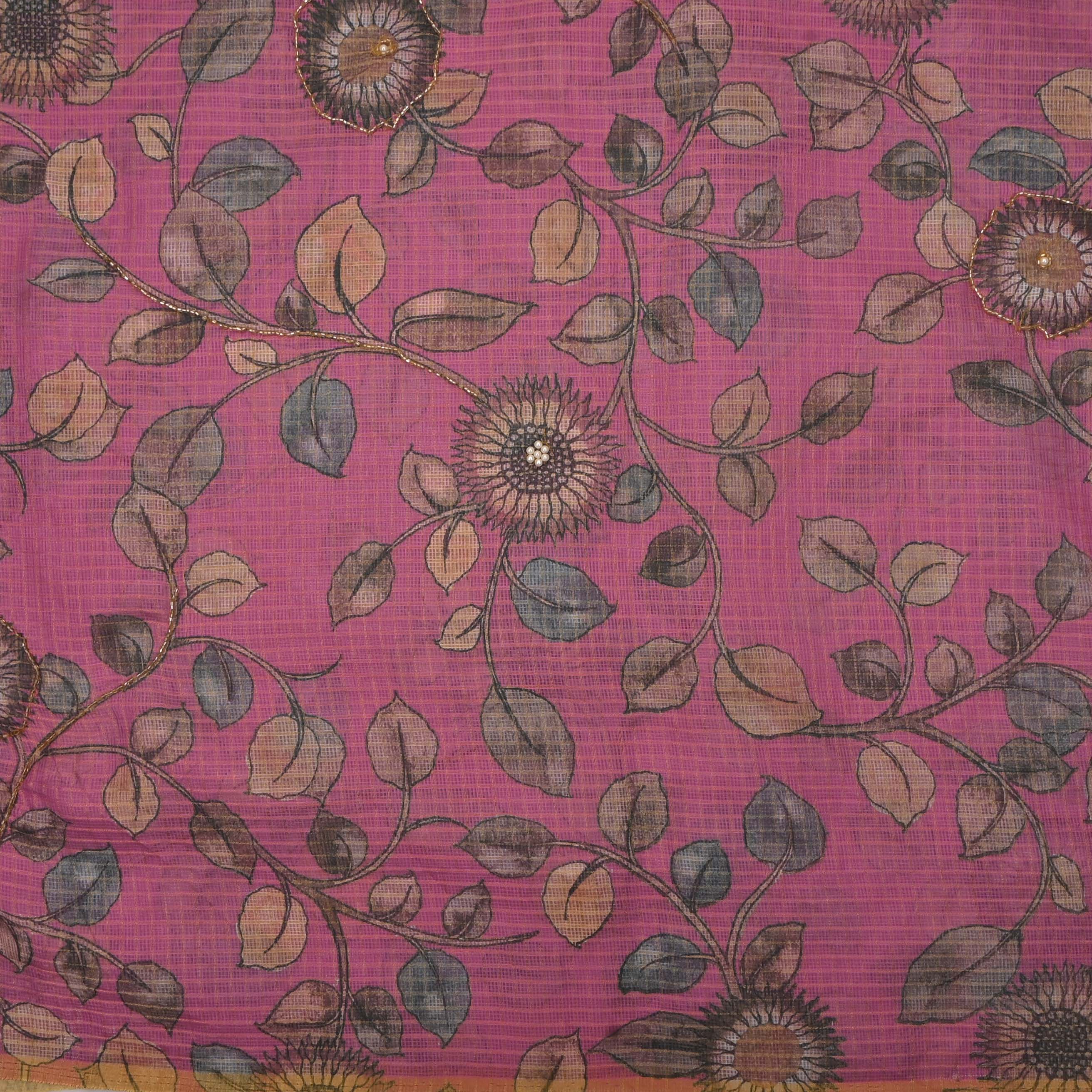Mulberry Pink Printed Kota Fabric With Embroidery