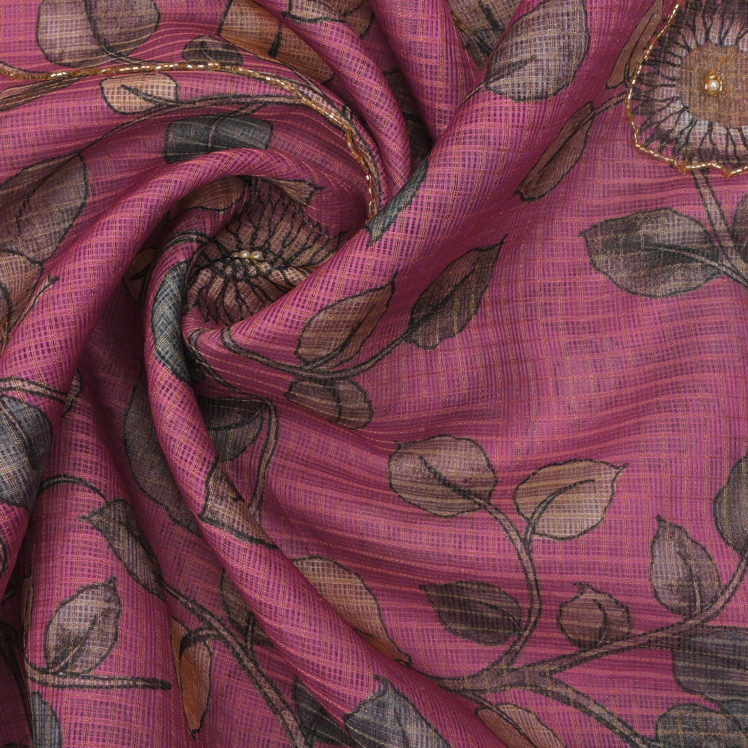 Mulberry Pink Printed Kota Fabric With Embroidery