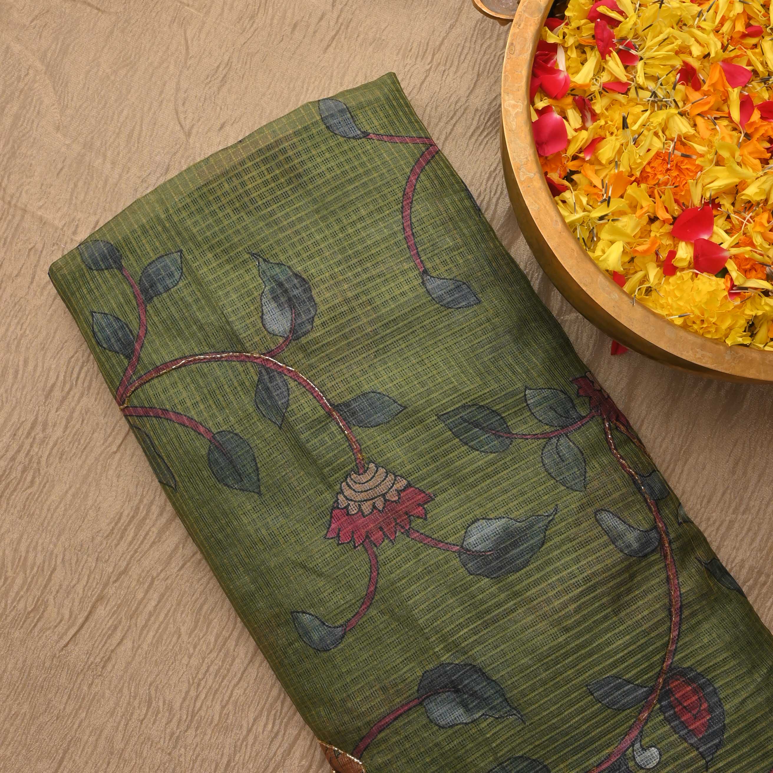 Moss Green Printed Kota Fabric With Embroidery