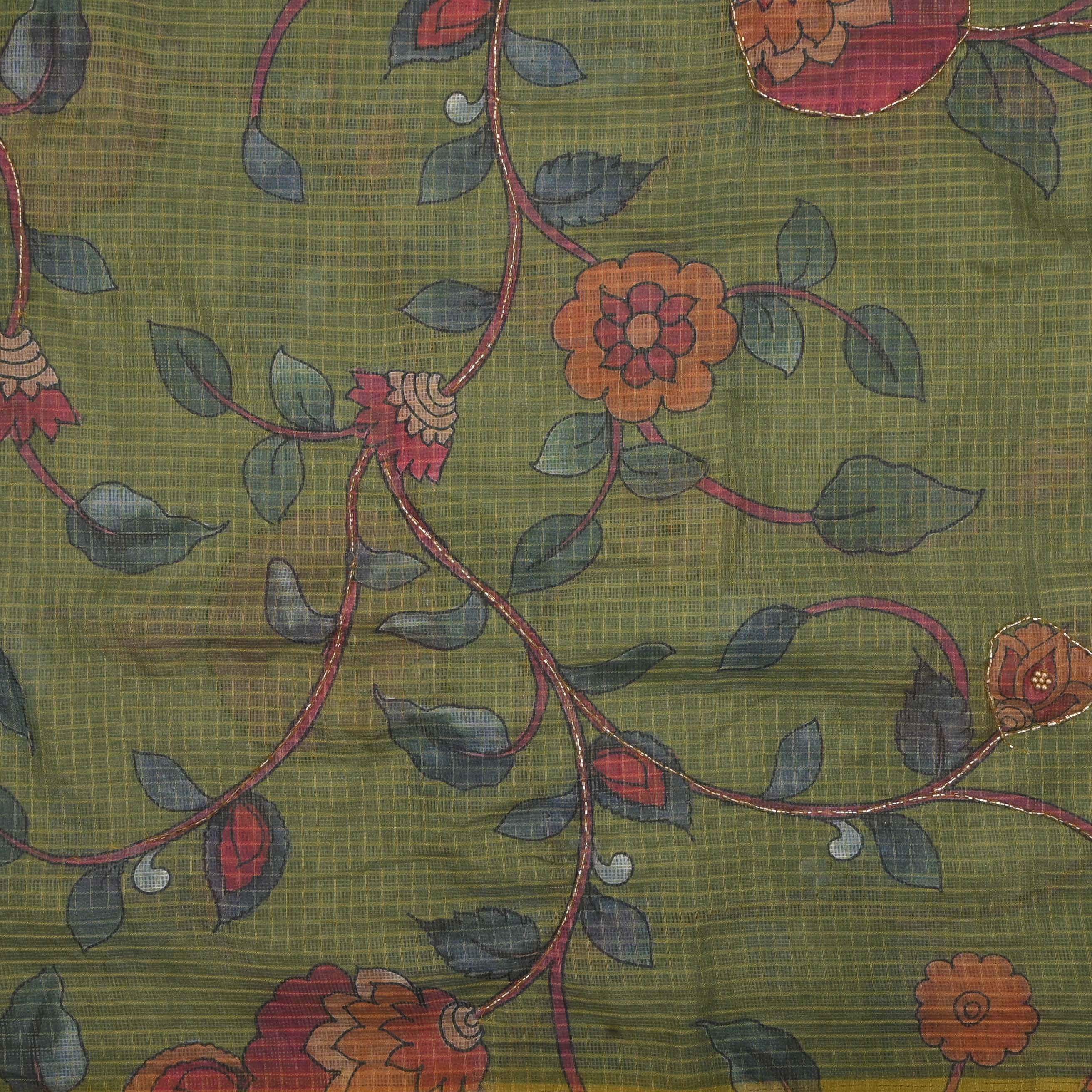 Moss Green Printed Kota Fabric With Embroidery