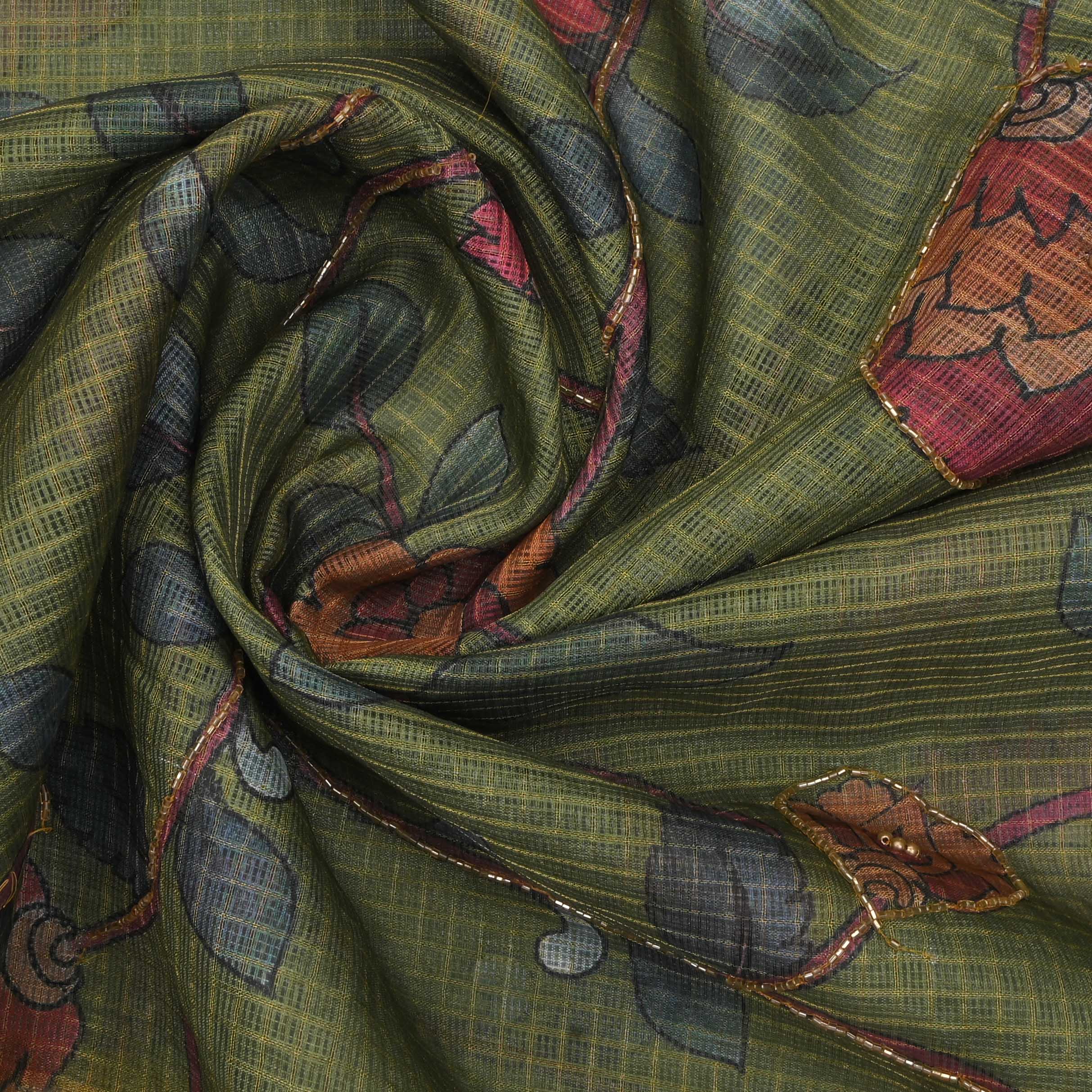 Moss Green Printed Kota Fabric With Embroidery