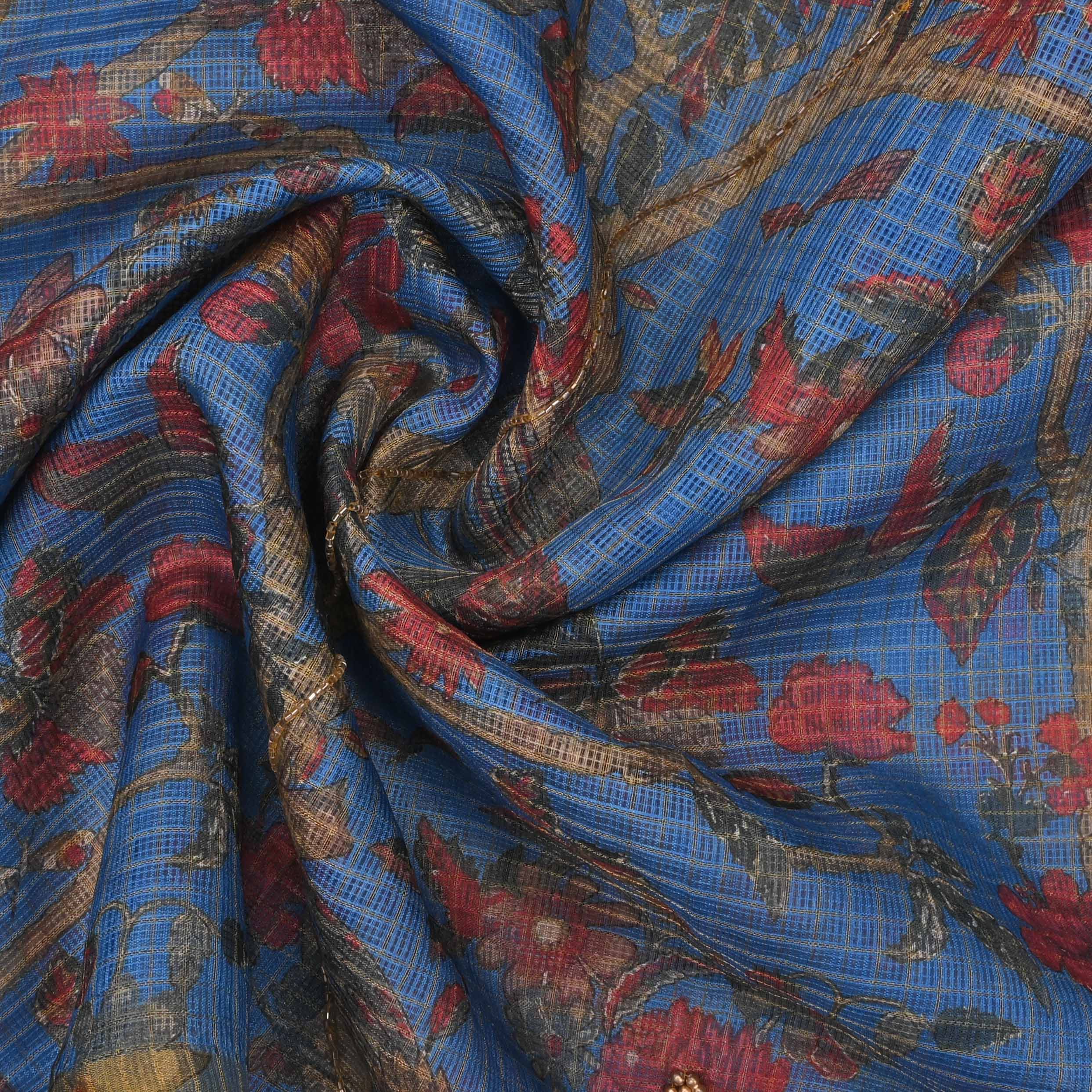 Dell Blue Printed Kota Fabric With Embroidery
