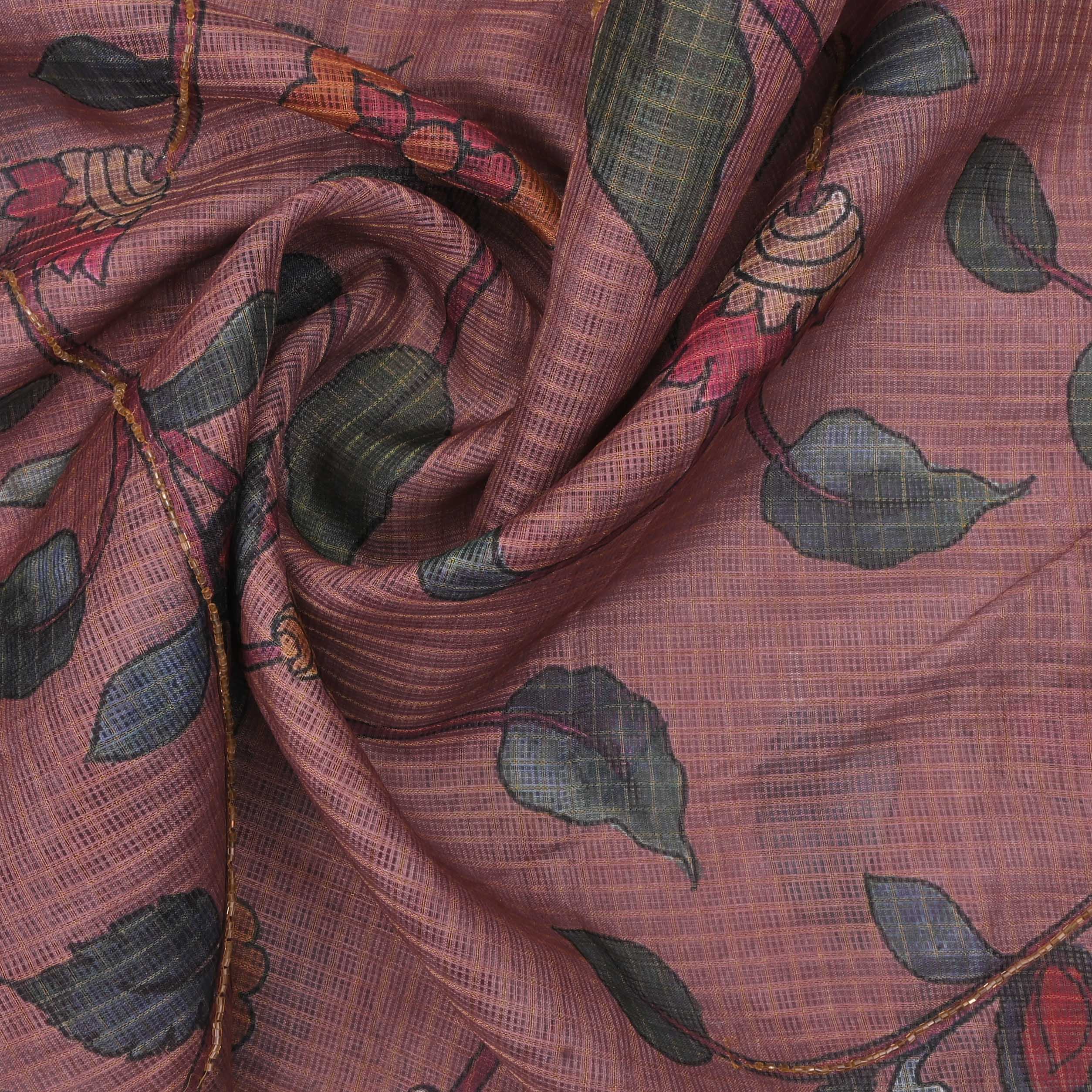 Rose Taupe Printed Kota Fabric With Embroidery