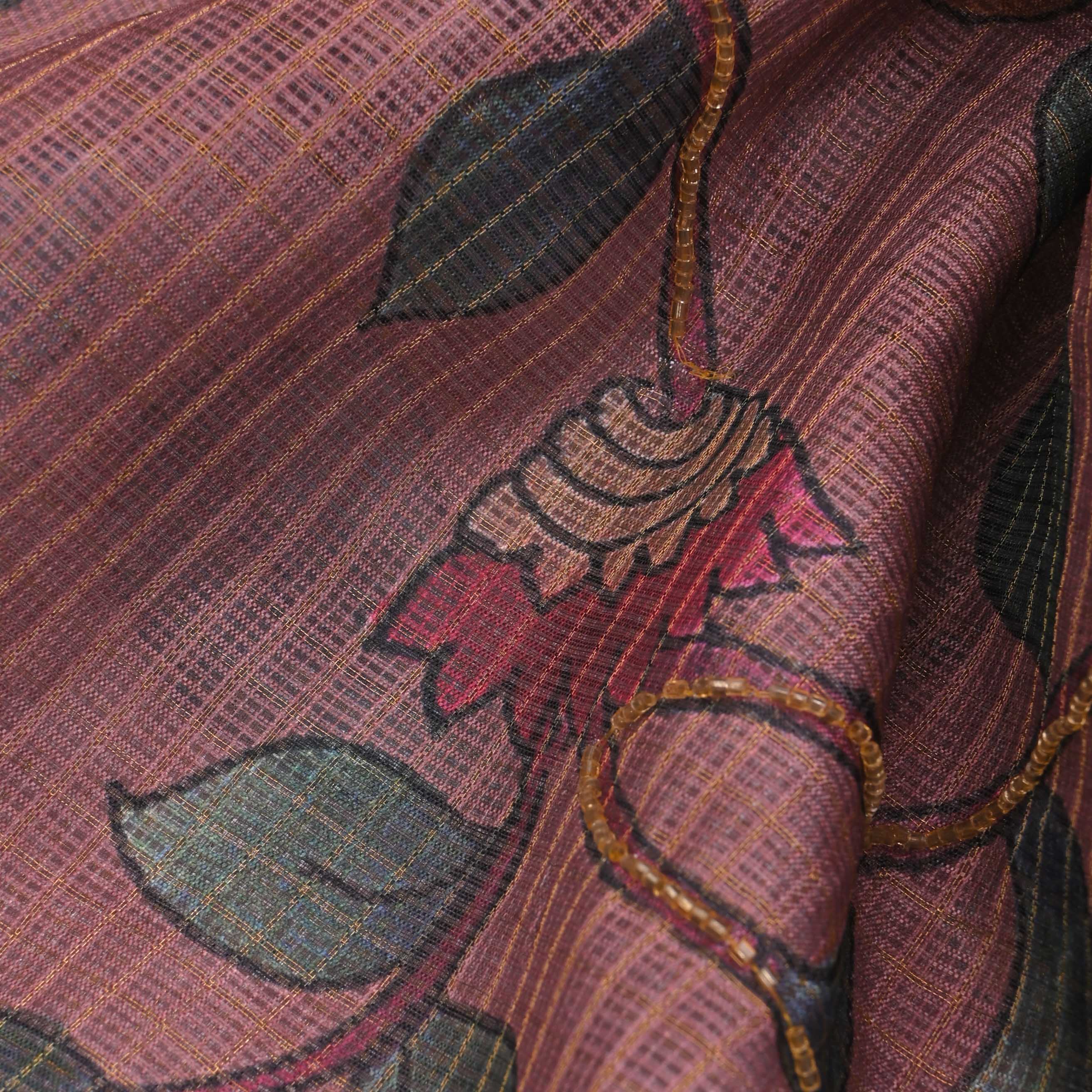 Rose Taupe Printed Kota Fabric With Embroidery