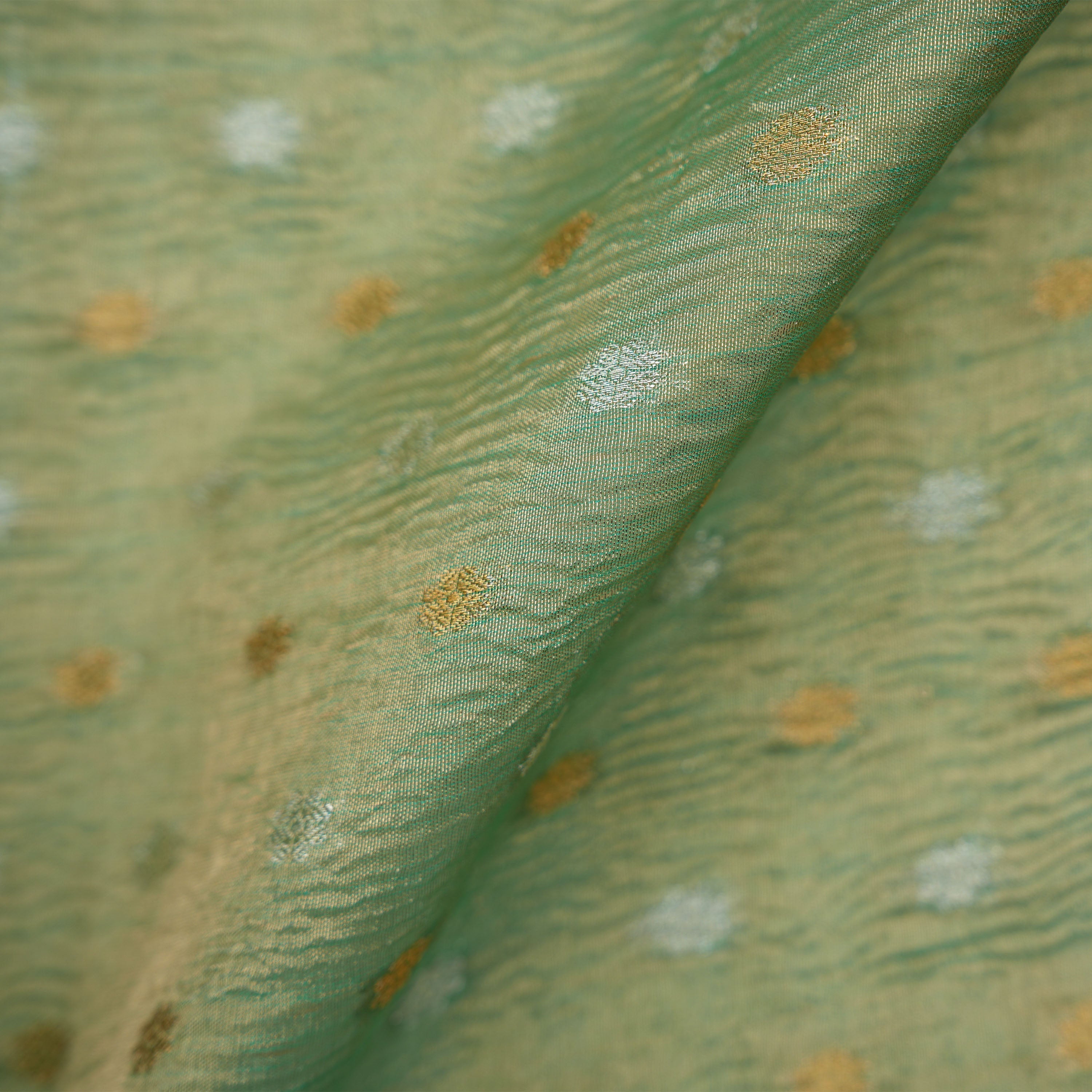 Iguana Green Mini Floral Buttis Crushed Tissue Banarasi Fabric