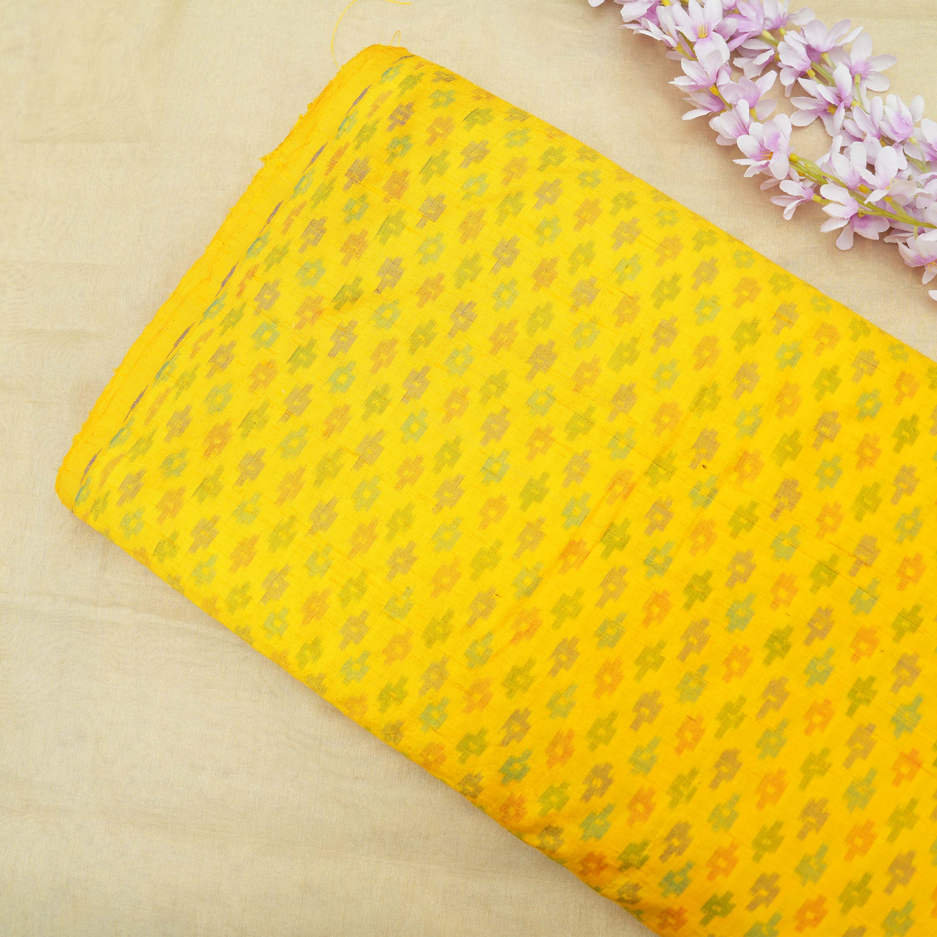 Pantone Yellow Patola Ikat Pattern Raw Silk Fabric