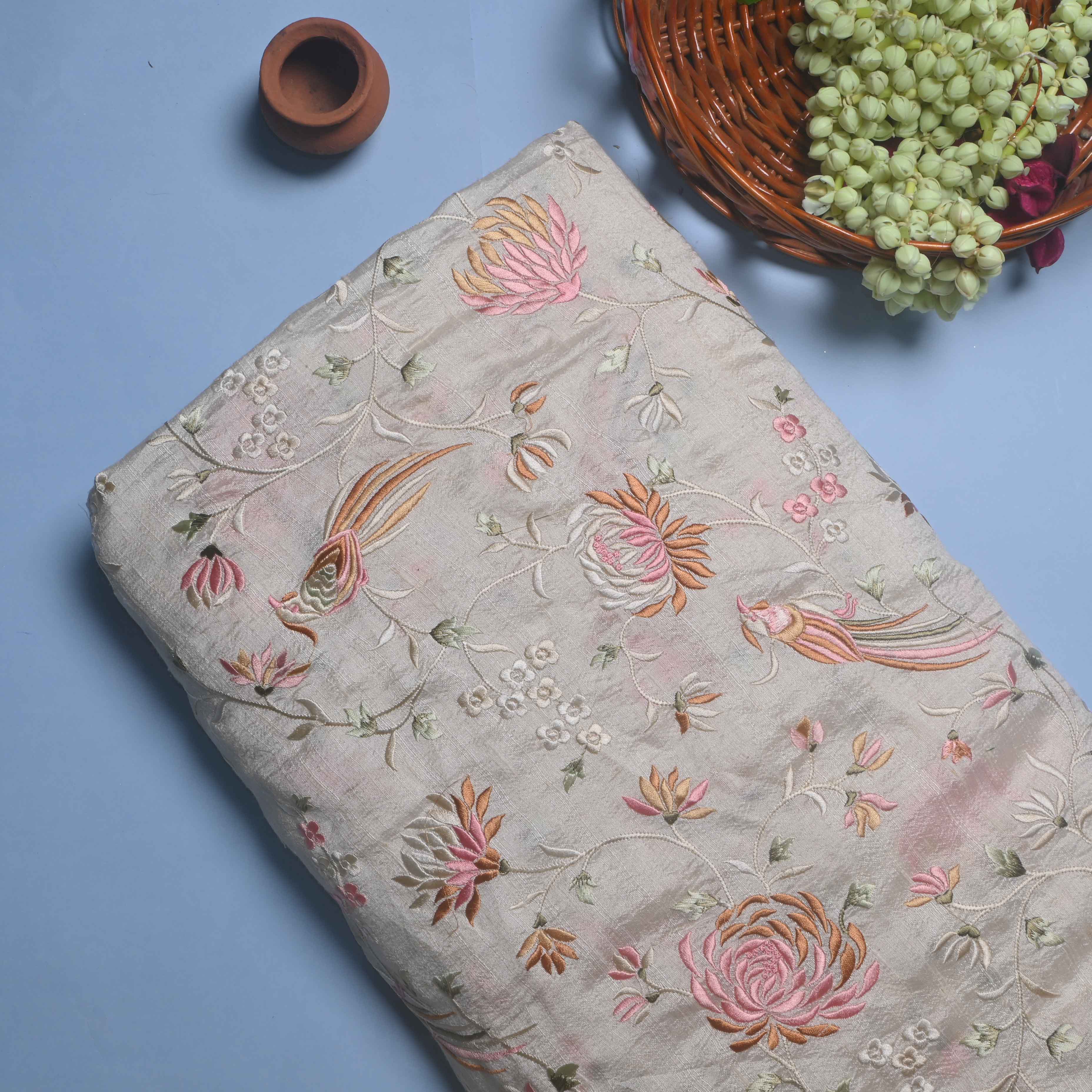 Pearl White Parsi Embroidery Raw Silk Fabric
