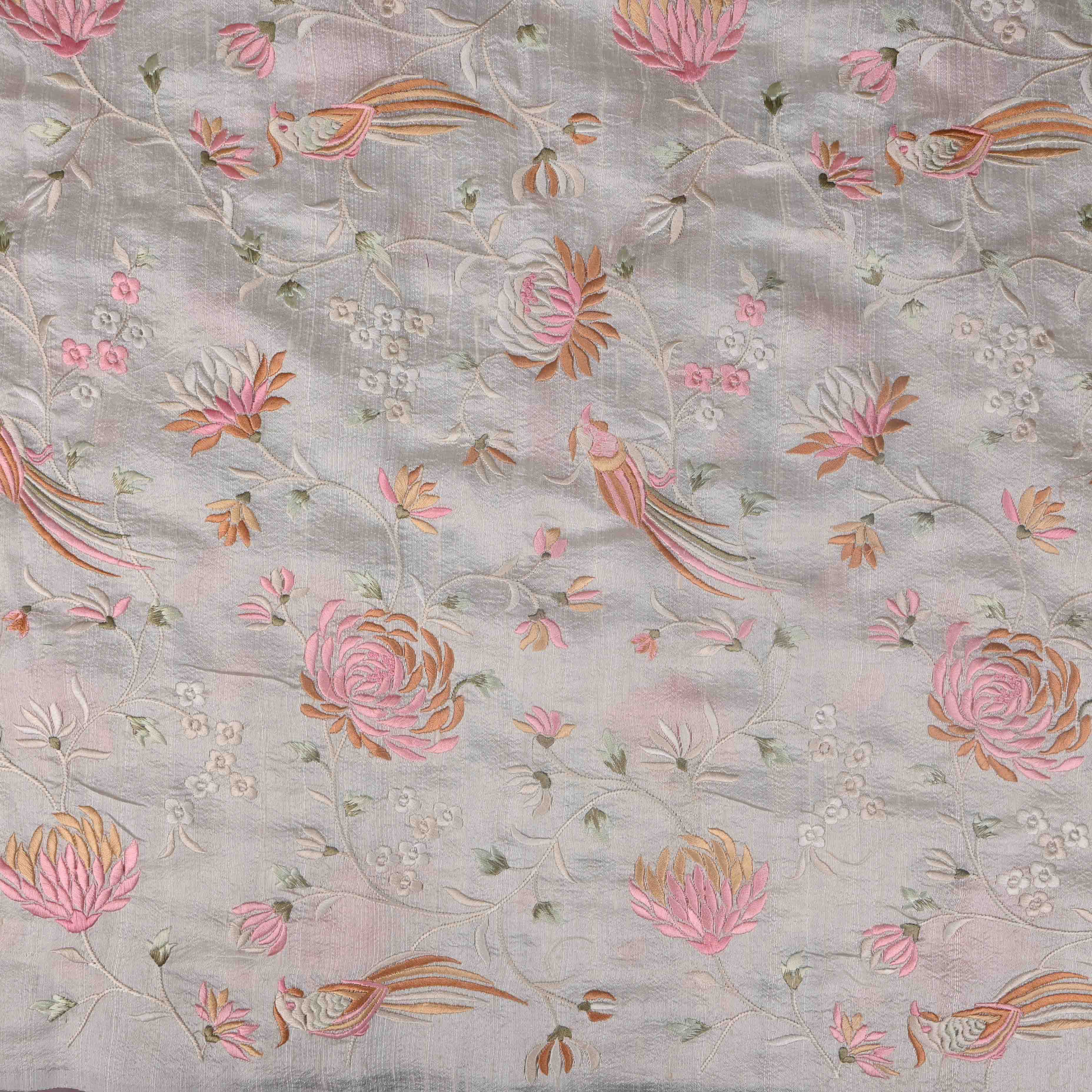 Pearl White Parsi Embroidery Raw Silk Fabric