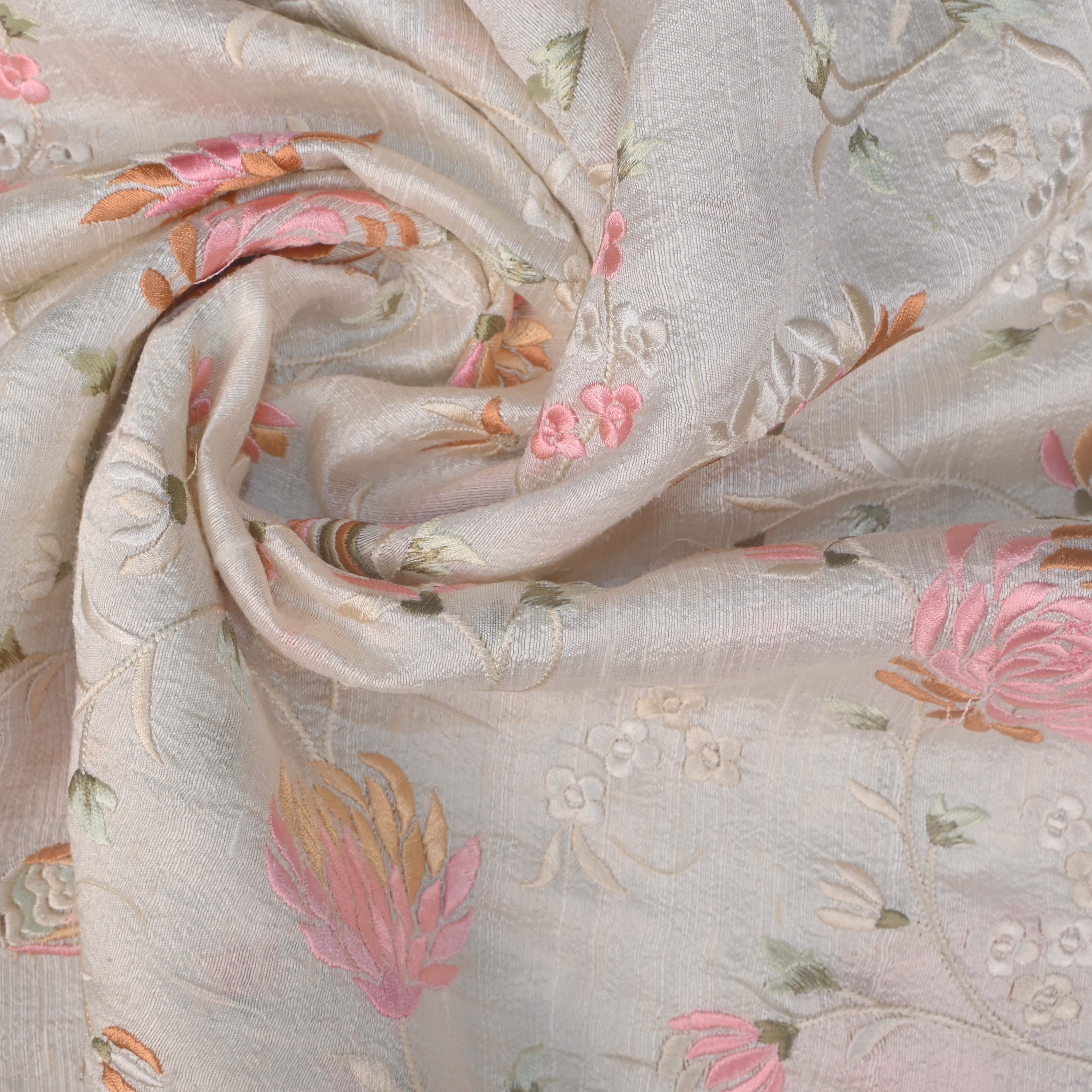 Pearl White Parsi Embroidery Raw Silk Fabric