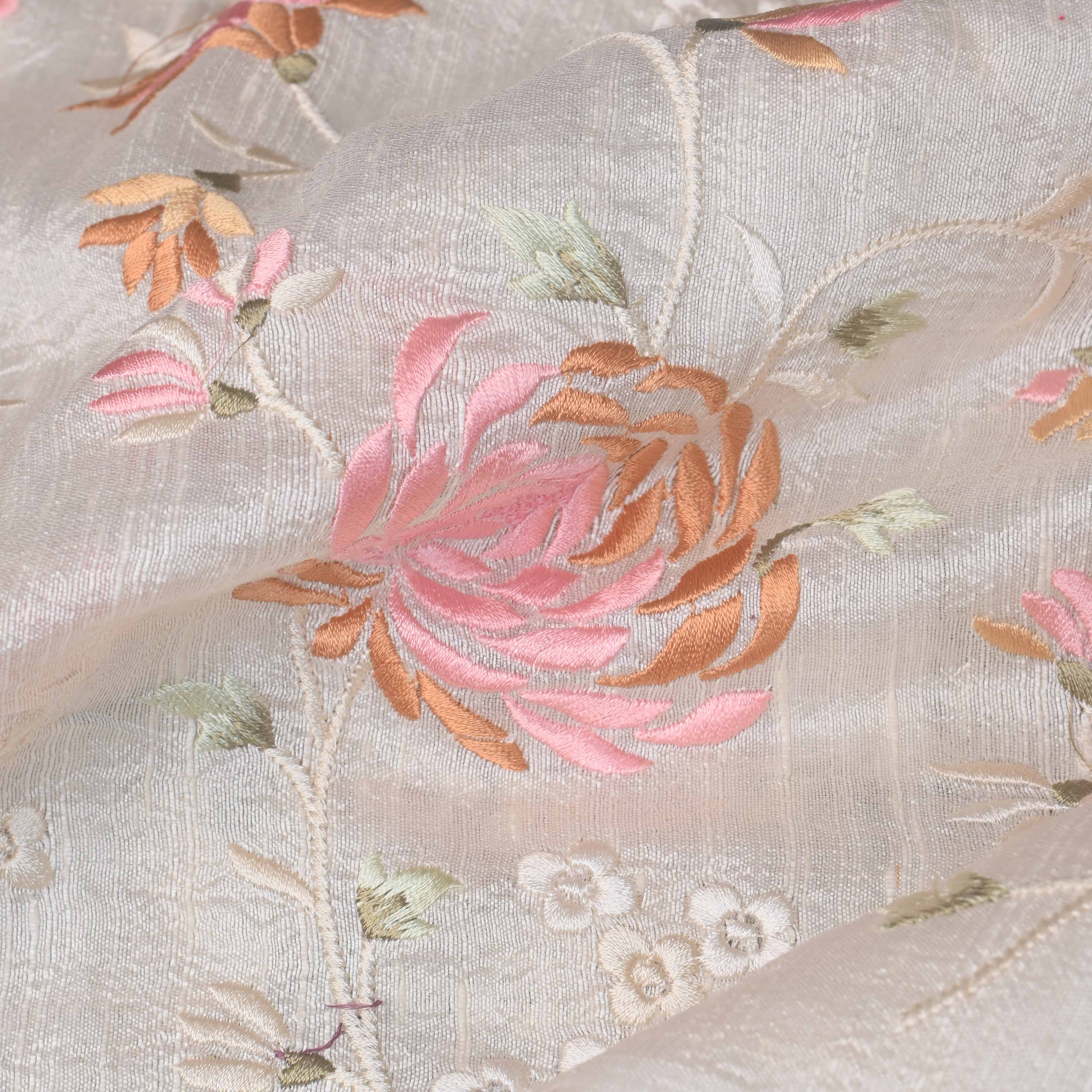 Pearl White Parsi Embroidery Raw Silk Fabric