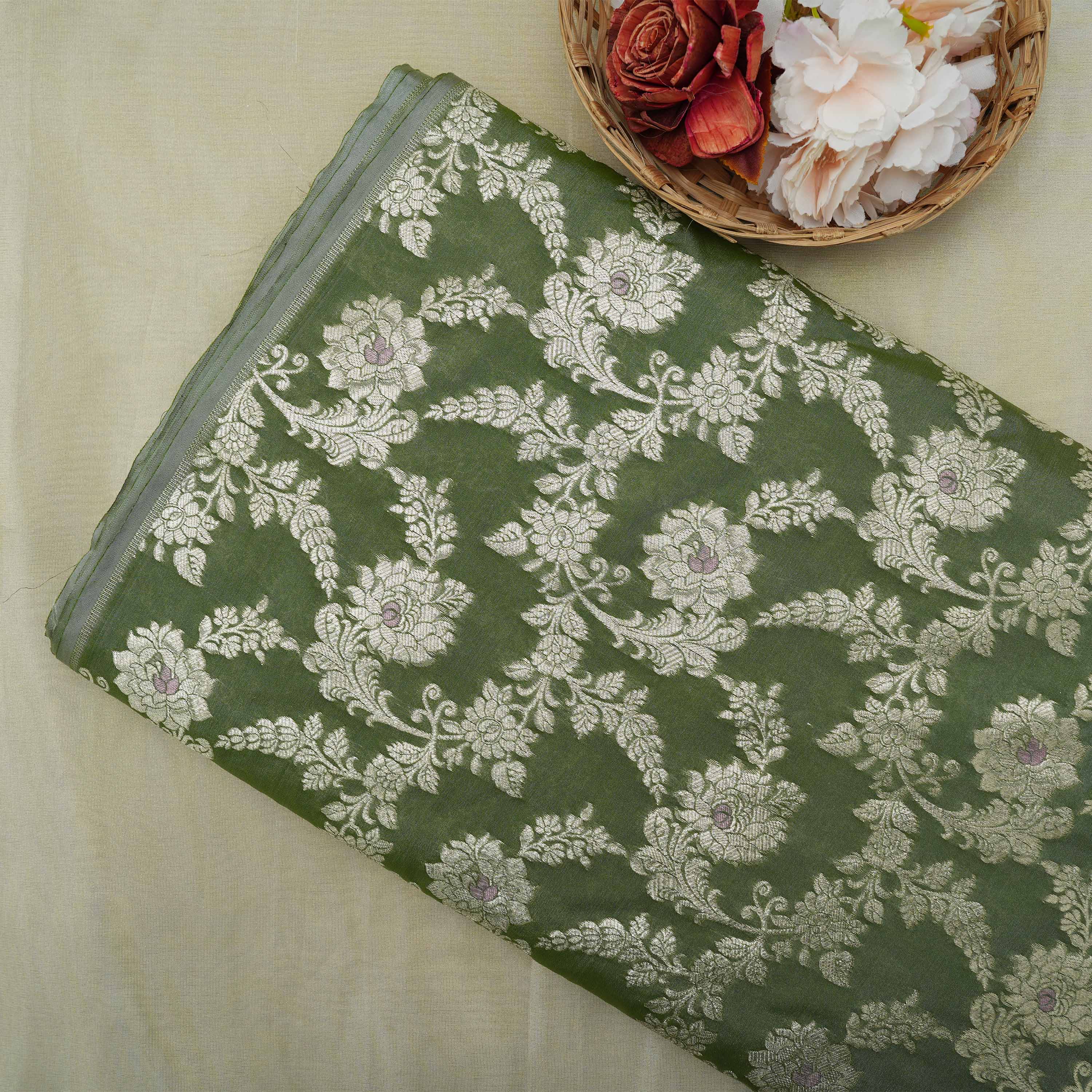 Hemlock Green Floral Jaal Banarasi Silk Fabric