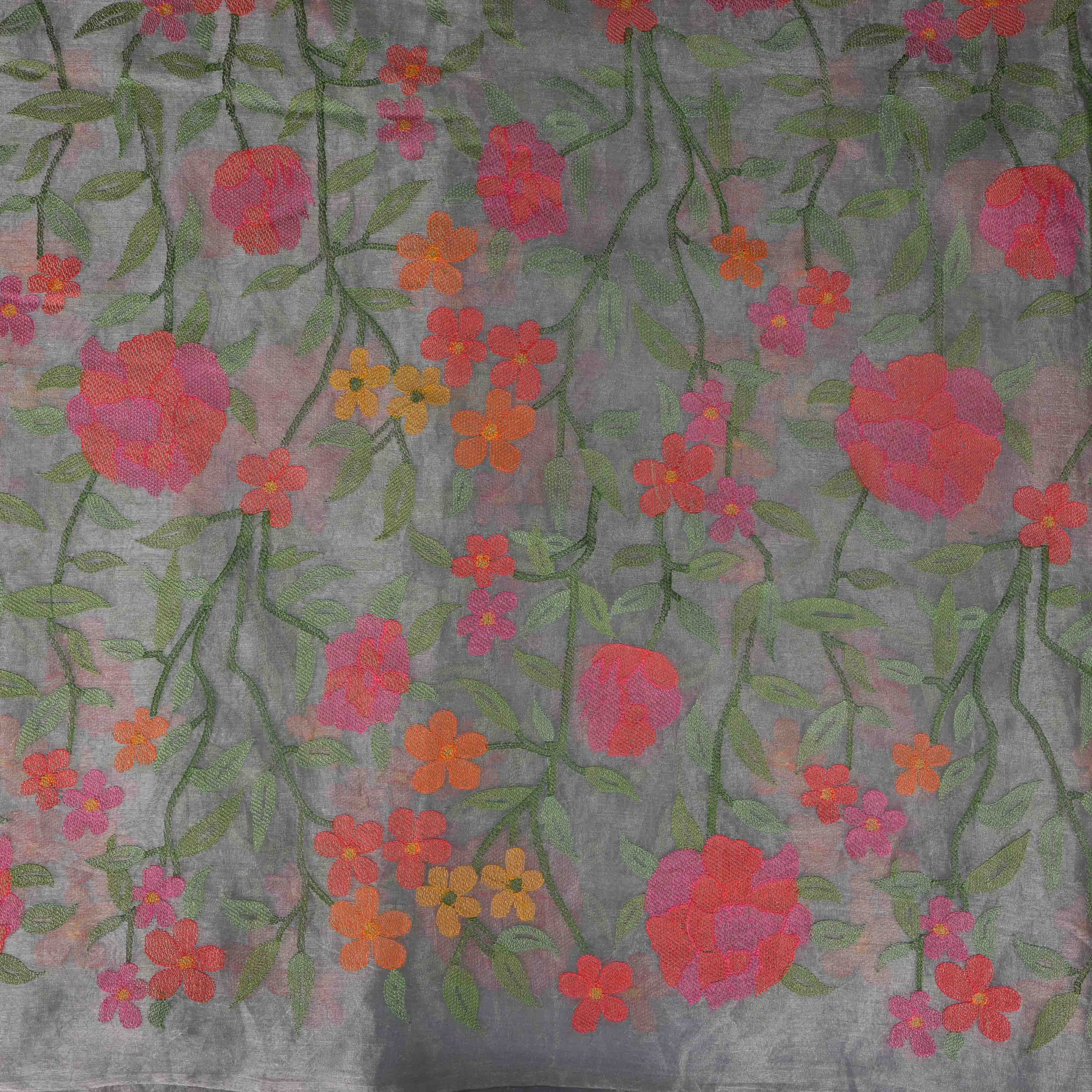 Metallic Silver Tissue Fabric With Jaal Embroidery