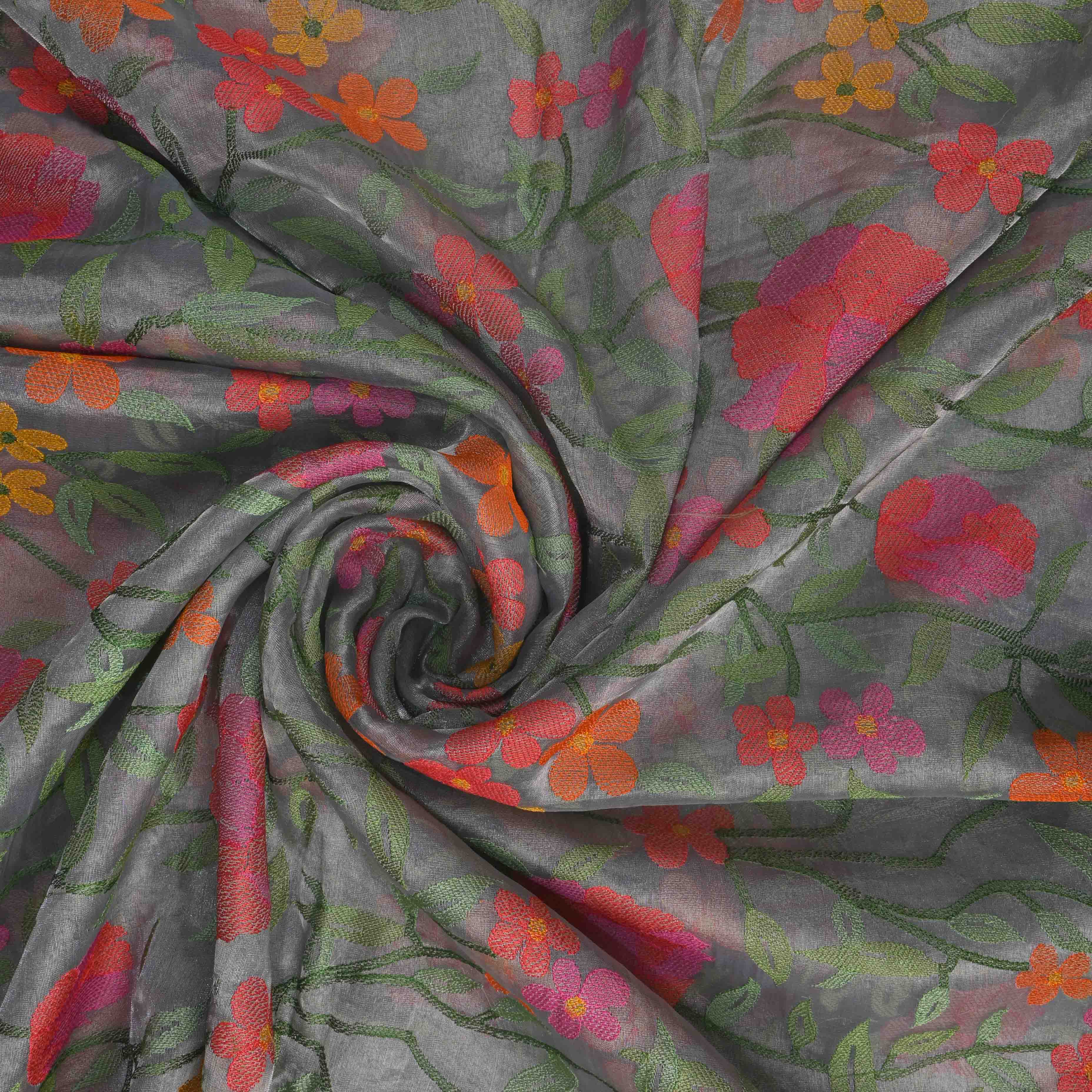 Metallic Silver Tissue Fabric With Jaal Embroidery