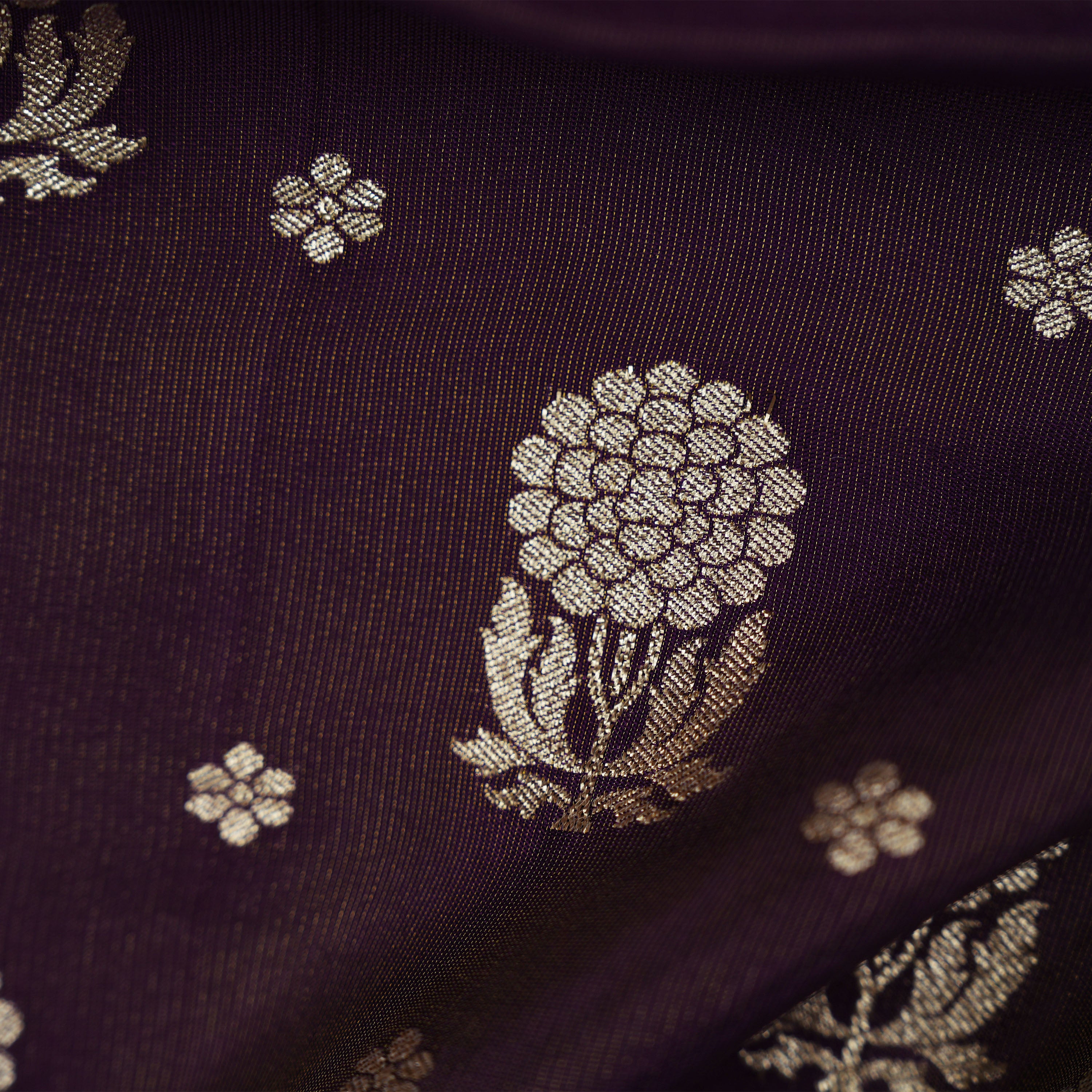 Goldola Purple Floral Buttis Banarasi Tissue Fabric
