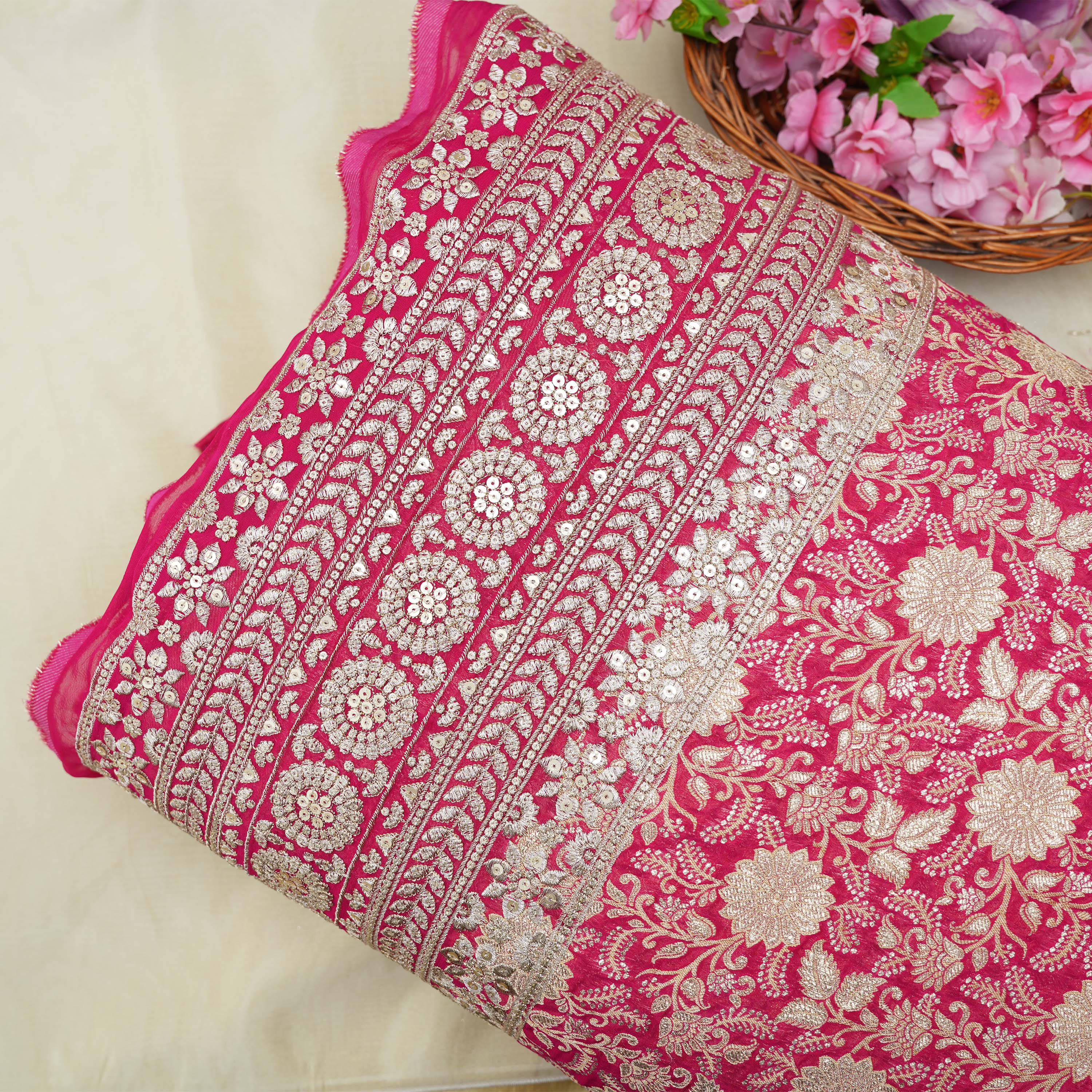 Deep Carmine Pink Floral And Sequins Embroidered Georgette Fabric