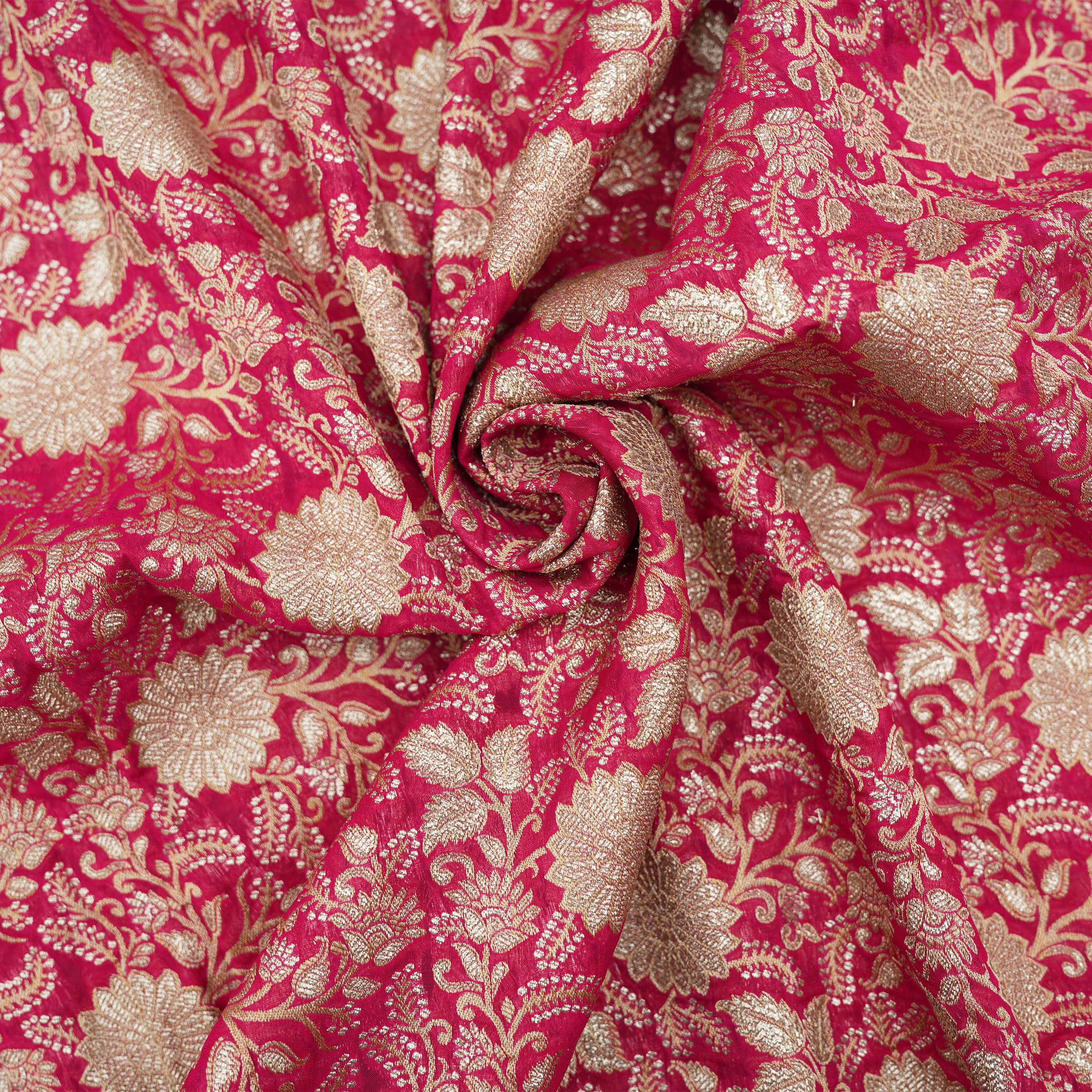 Deep Carmine Pink Floral And Sequins Embroidered Georgette Fabric