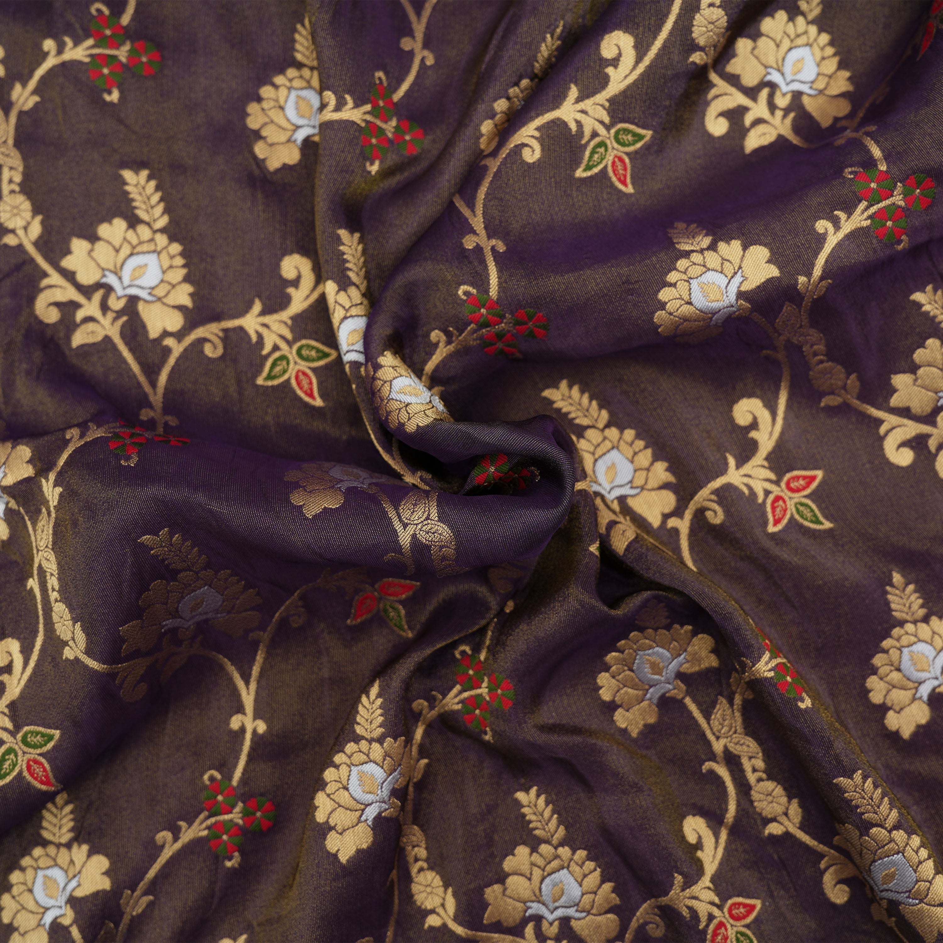 Ebony Purple Structured Floral Jaal Banarasi Tissue Fabric