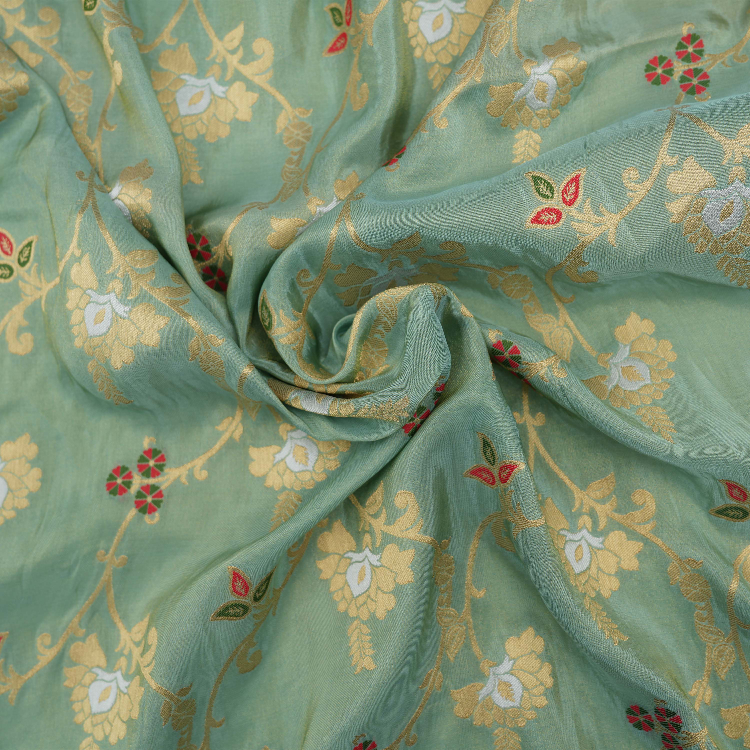 Greenish Cyan Inricate Floral Banarasi Tissue Fabric