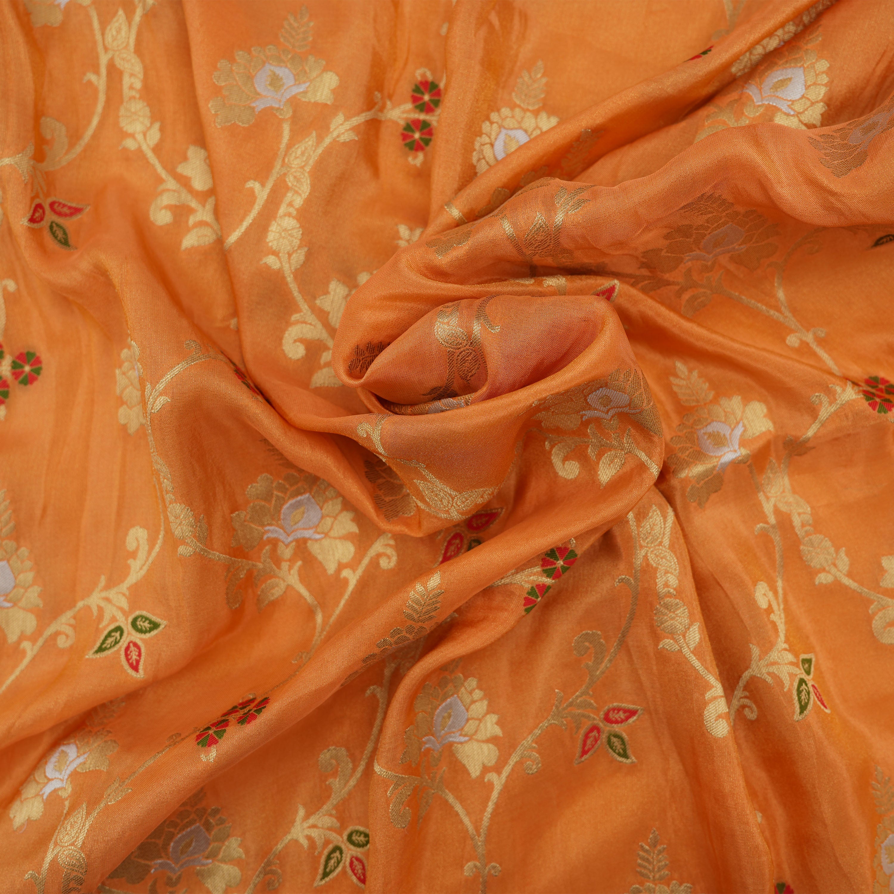 Brownish Orange Intricate Floral Banarasi Tissue Fabric