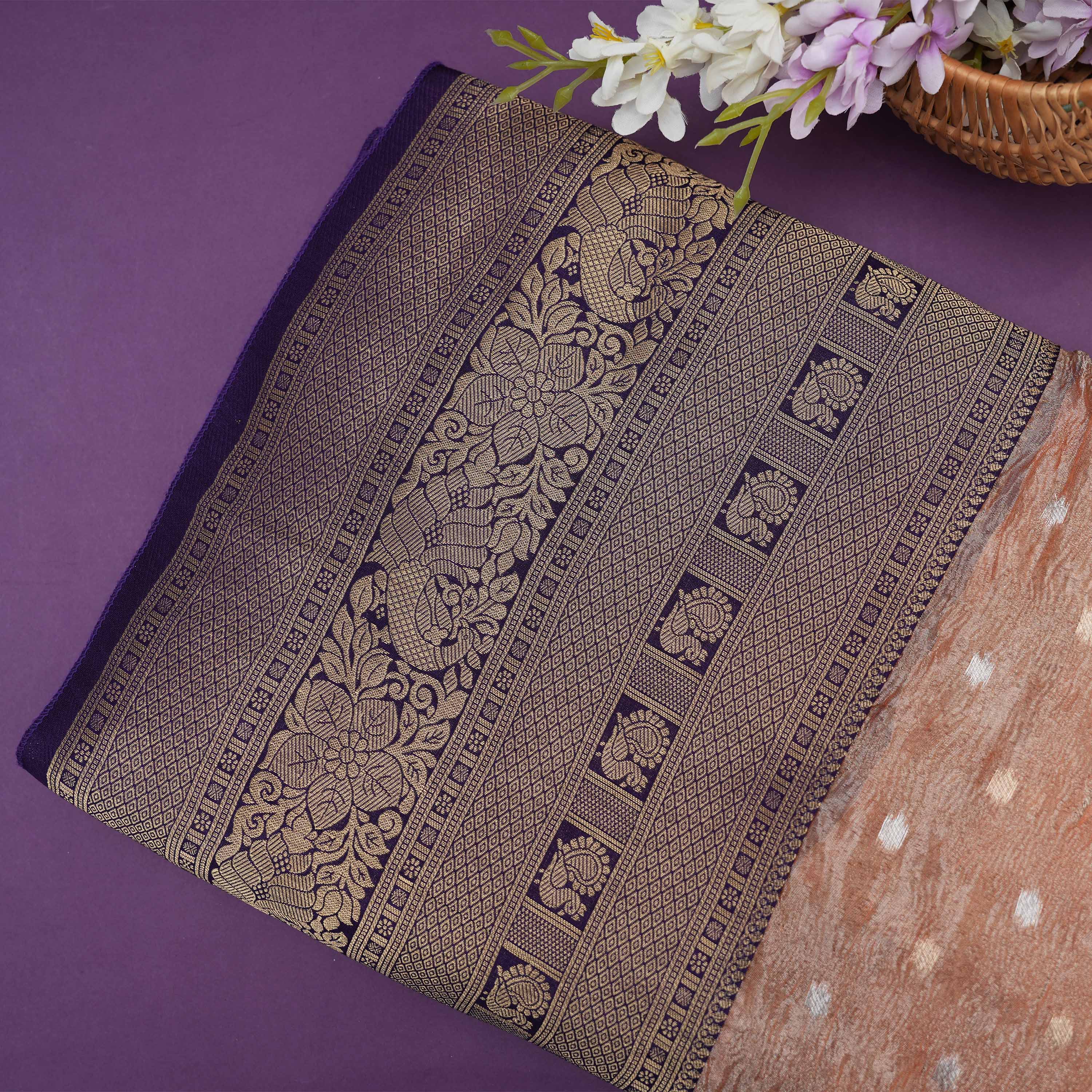 Peach Kanchi Zari Motifs Border Jamawar Tissue Fabric