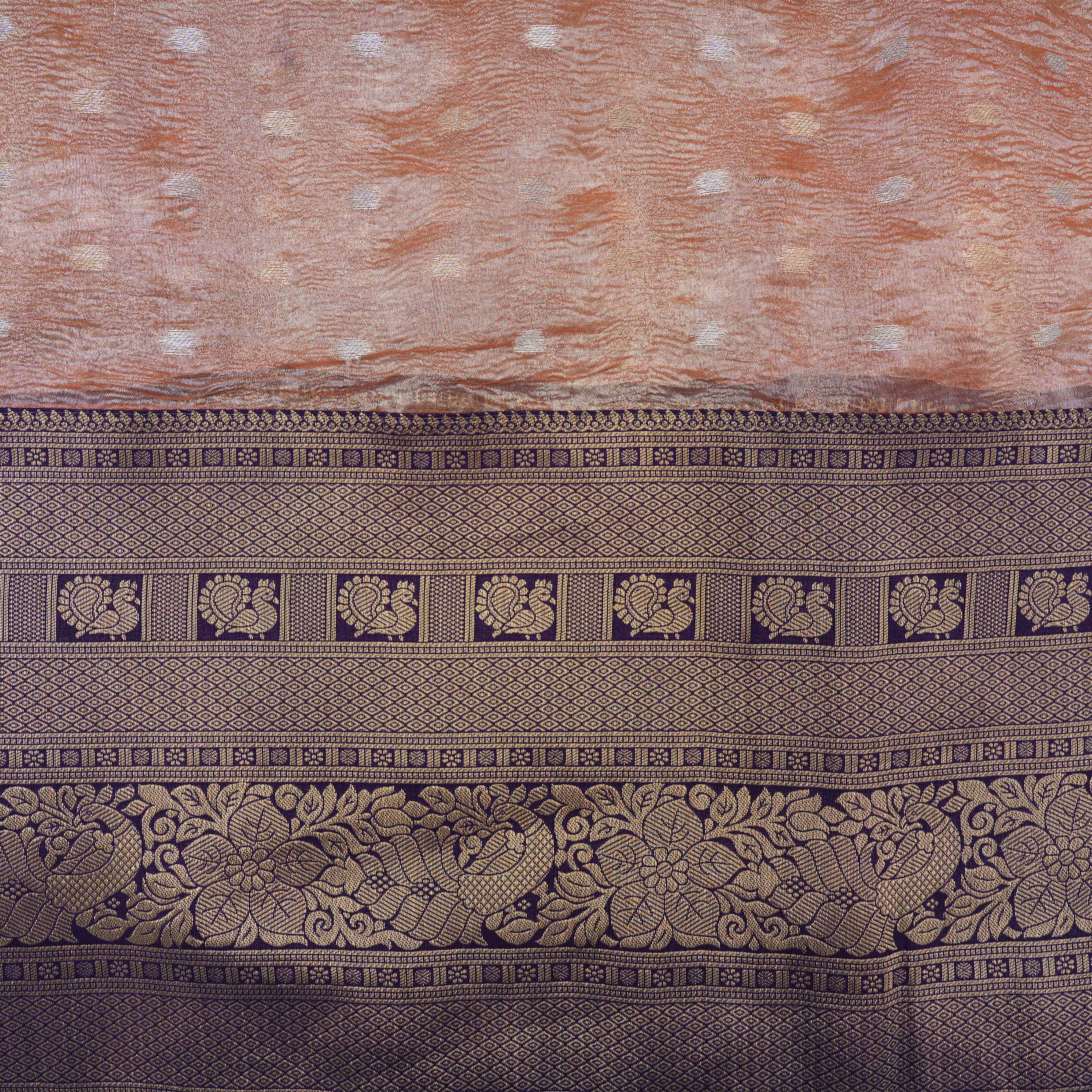 Peach Kanchi Zari Motifs Border Jamawar Tissue Fabric