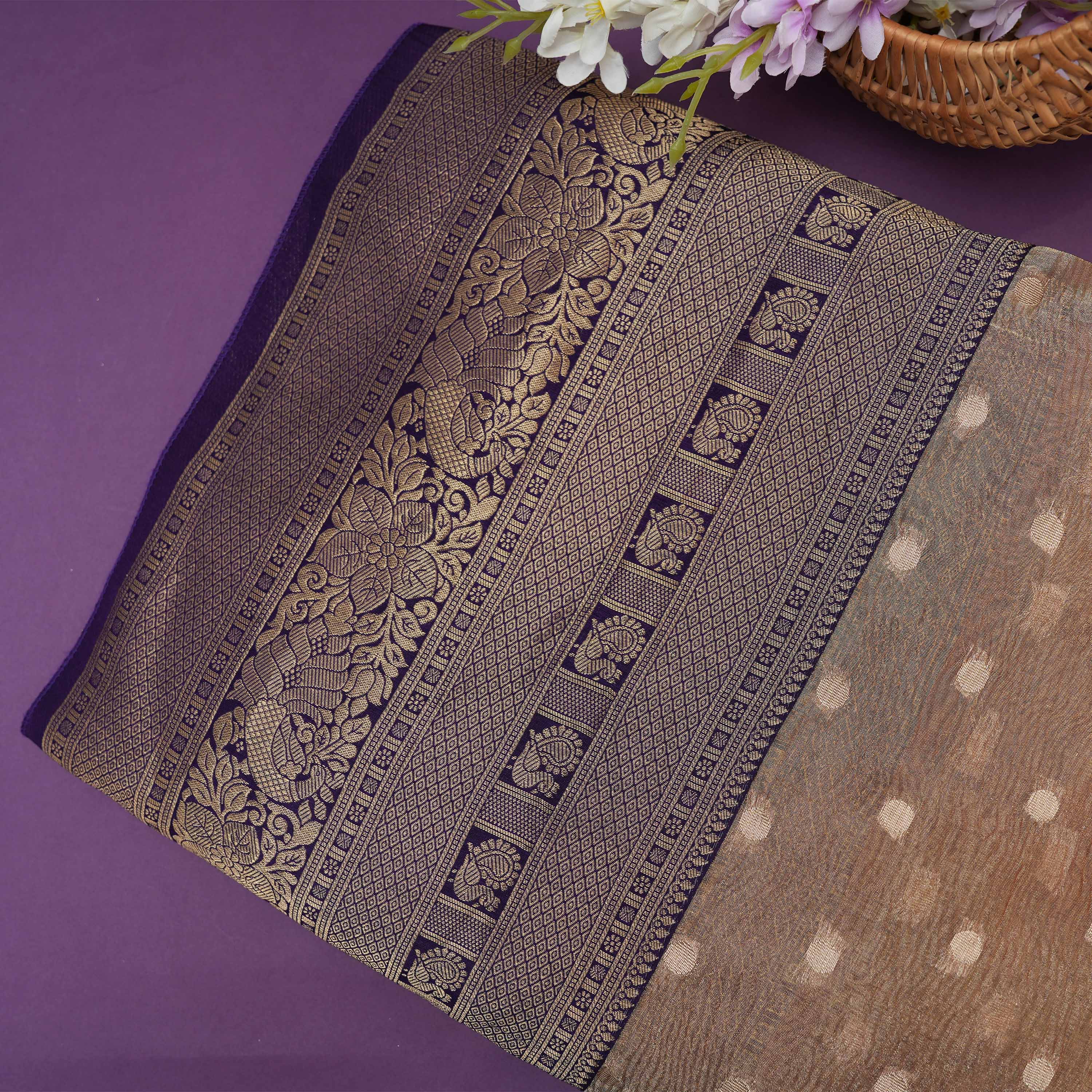 Light Traupe Brown Kanchi Zari Motifs Border Jamawar Tissue Fabric