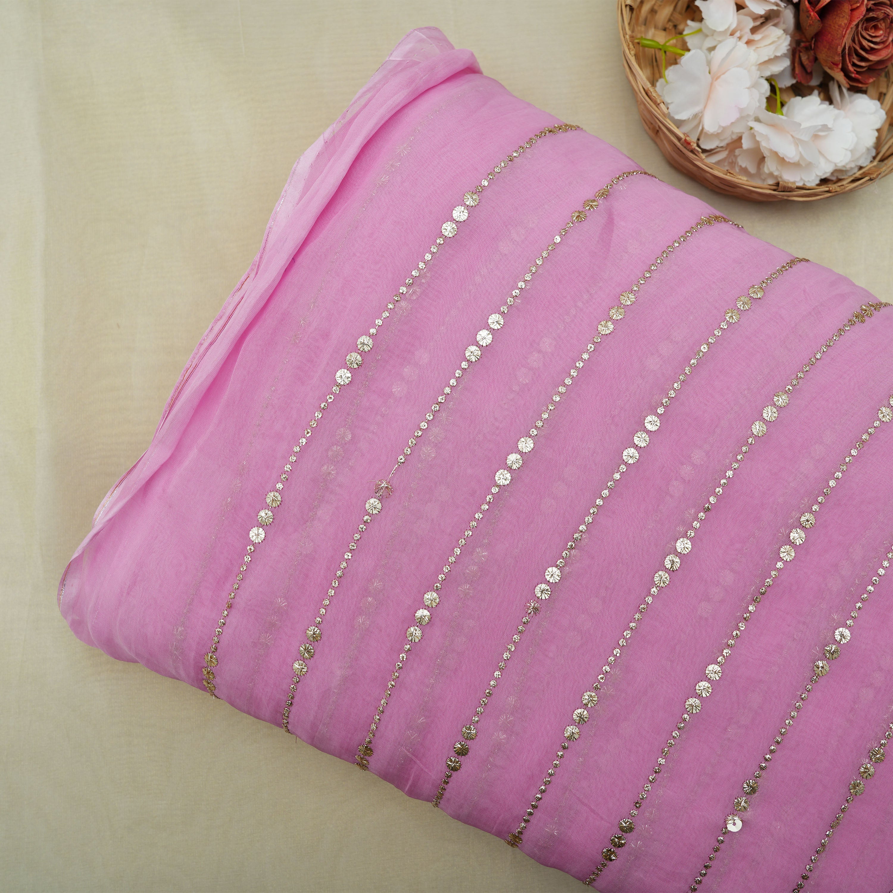 Turkish Rose Zari Embroidered Organza Fabric