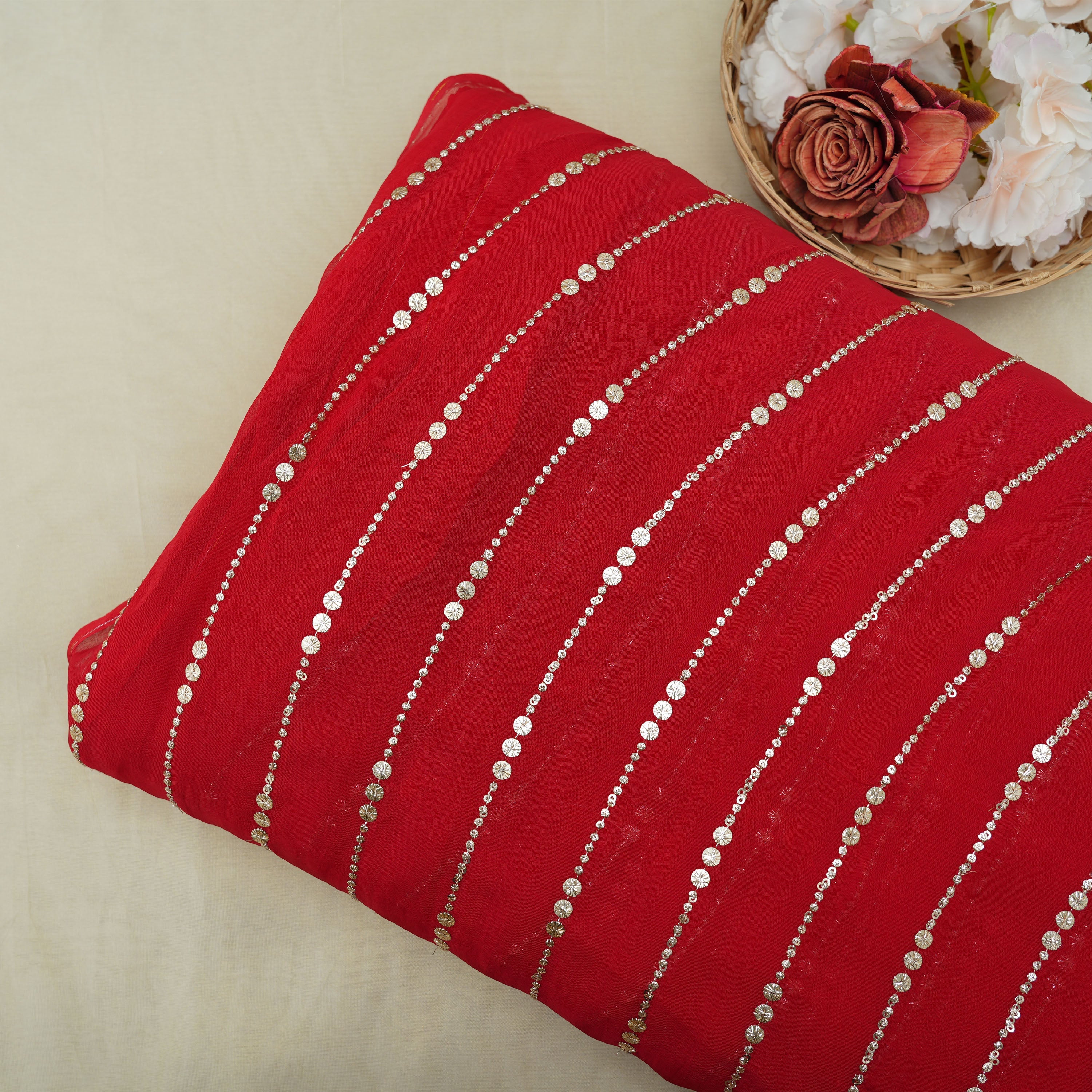 Crimson Red Mirror Zari Embroidered Organza Fabric