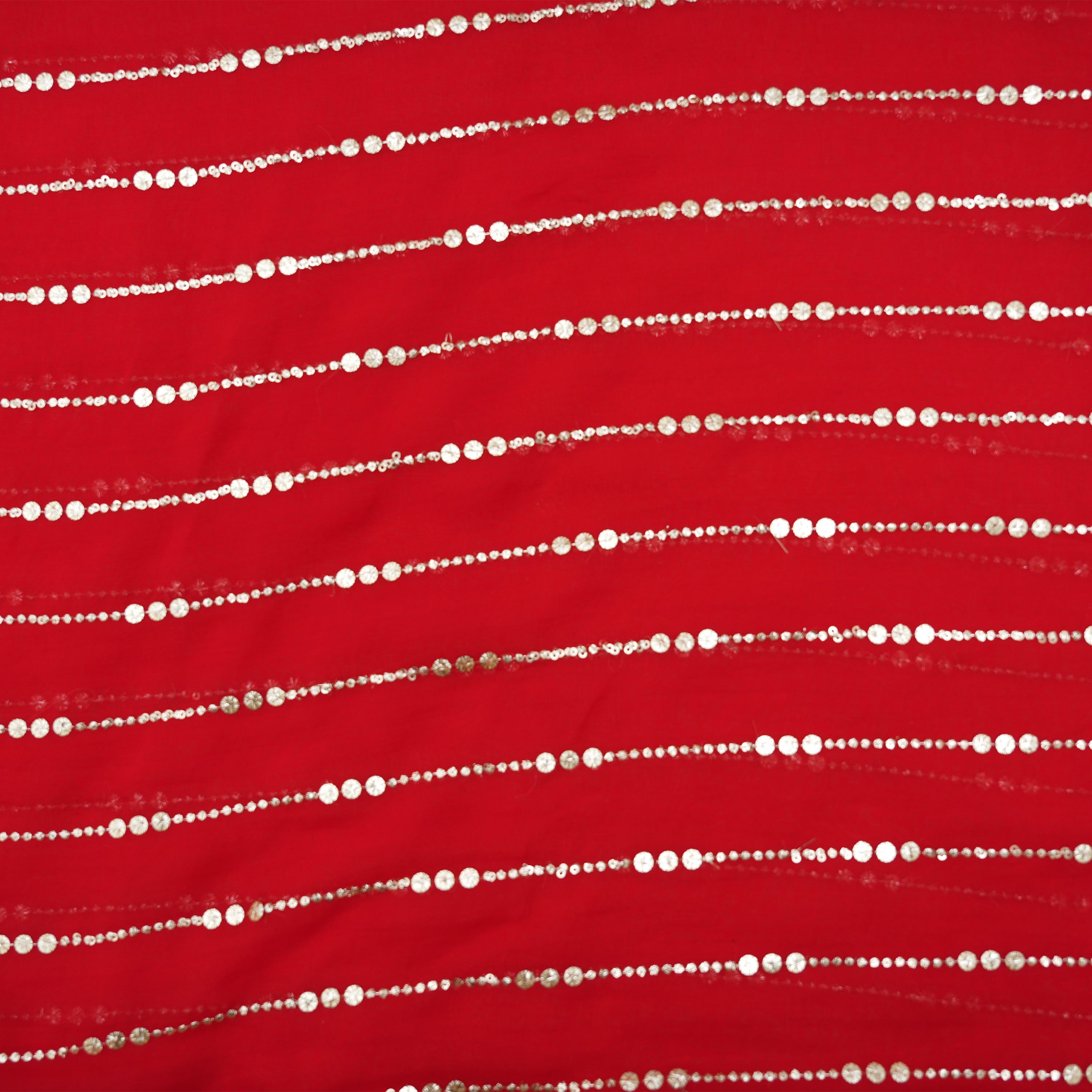 Crimson Red Mirror Zari Embroidered Organza Fabric