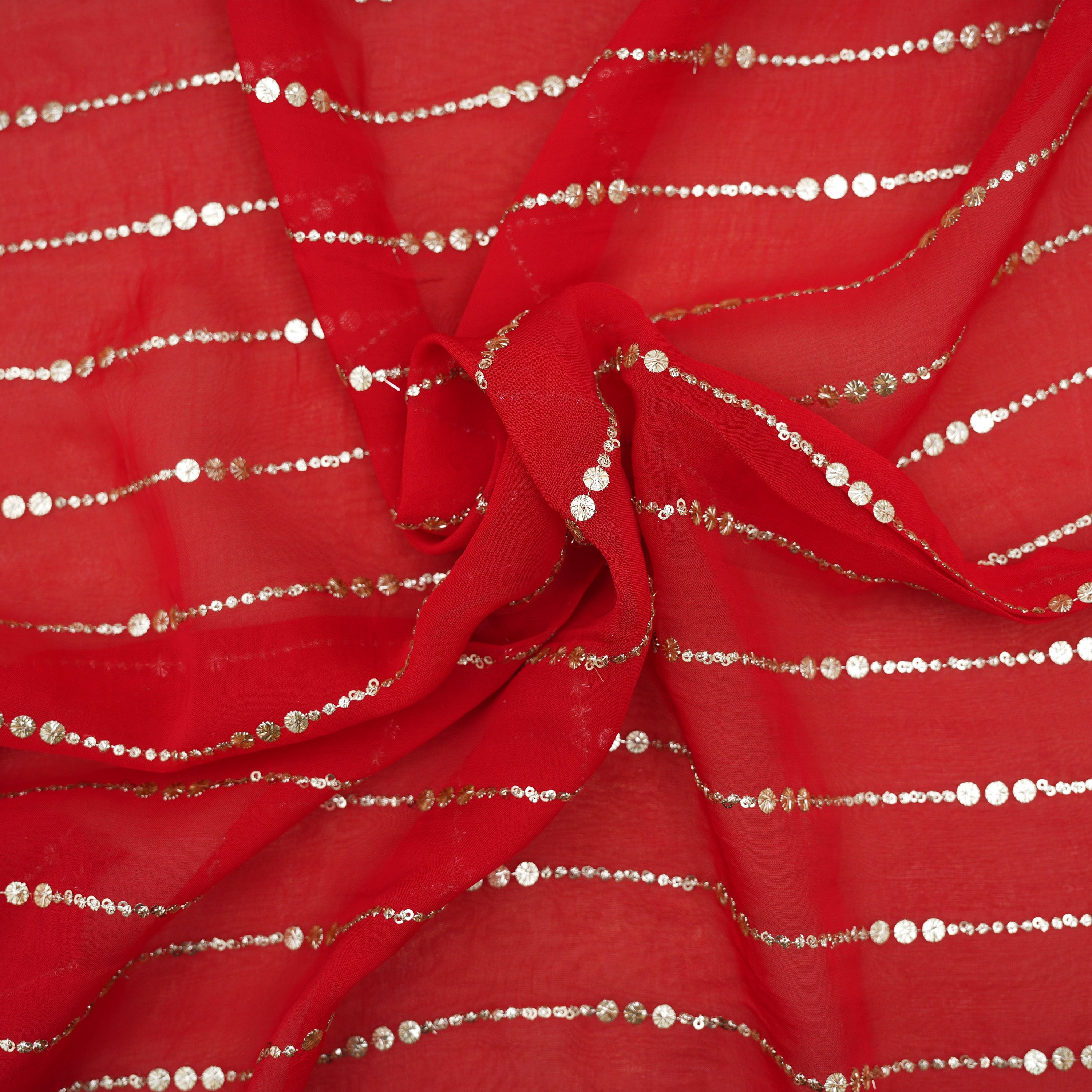 Crimson Red Mirror Zari Embroidered Organza Fabric