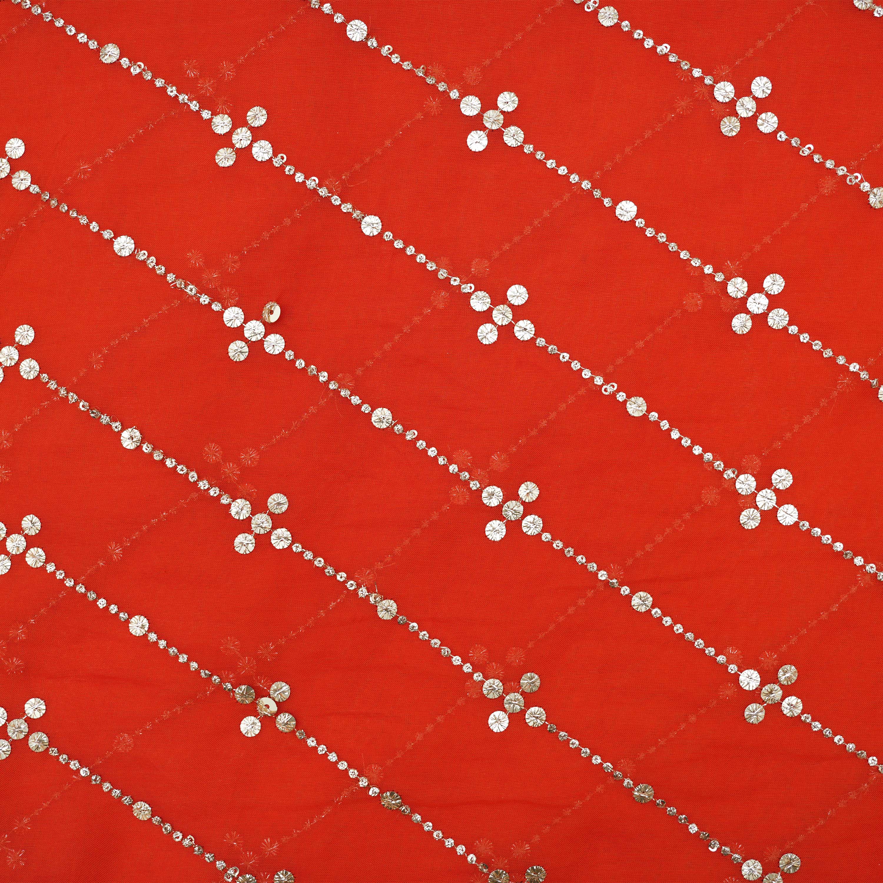 Lava Red Orange Mirror Zari Embroidered Organza Fabric