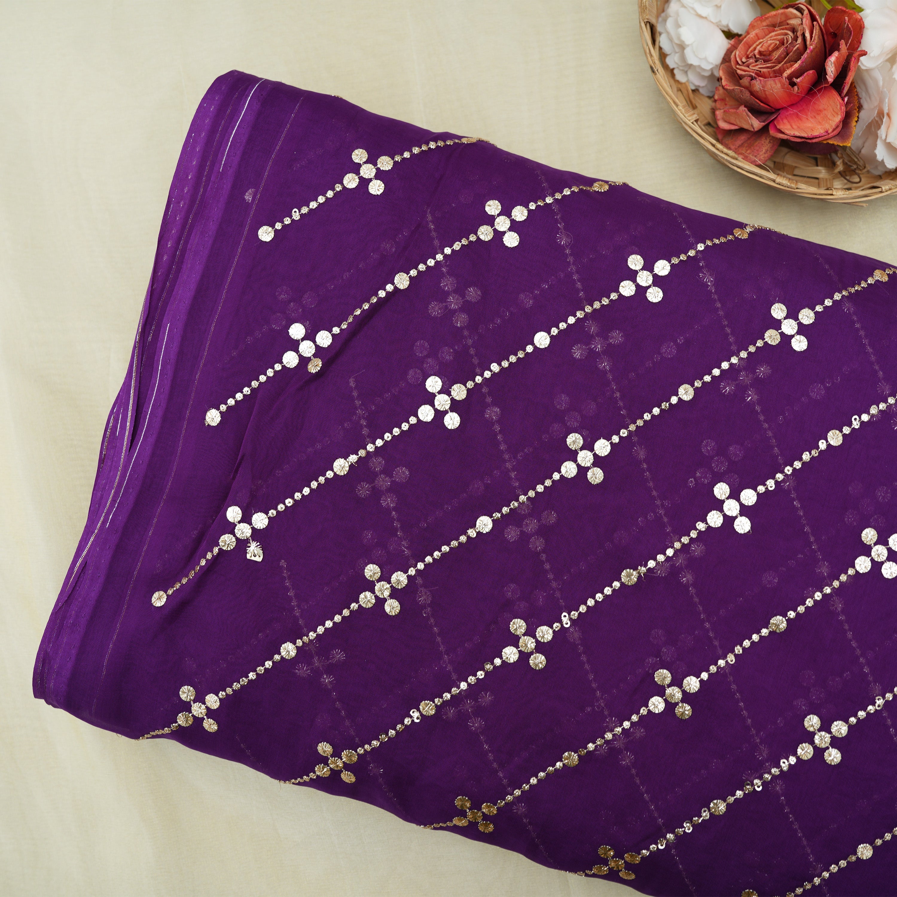 Grape Purple Mirror Zari Embroidered Organza Fabric