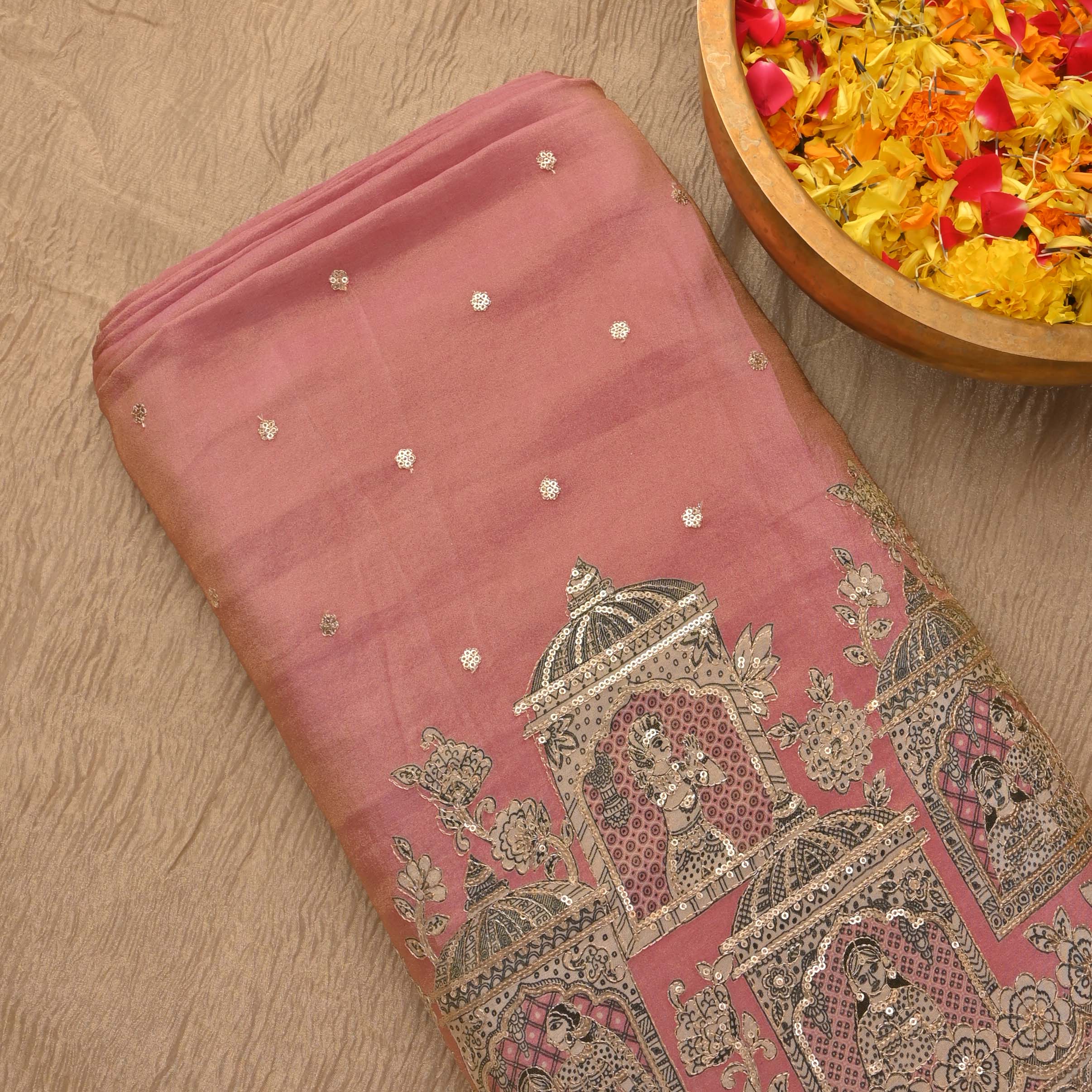 Strawberry Pink Tissue Embroidery Border Fabric