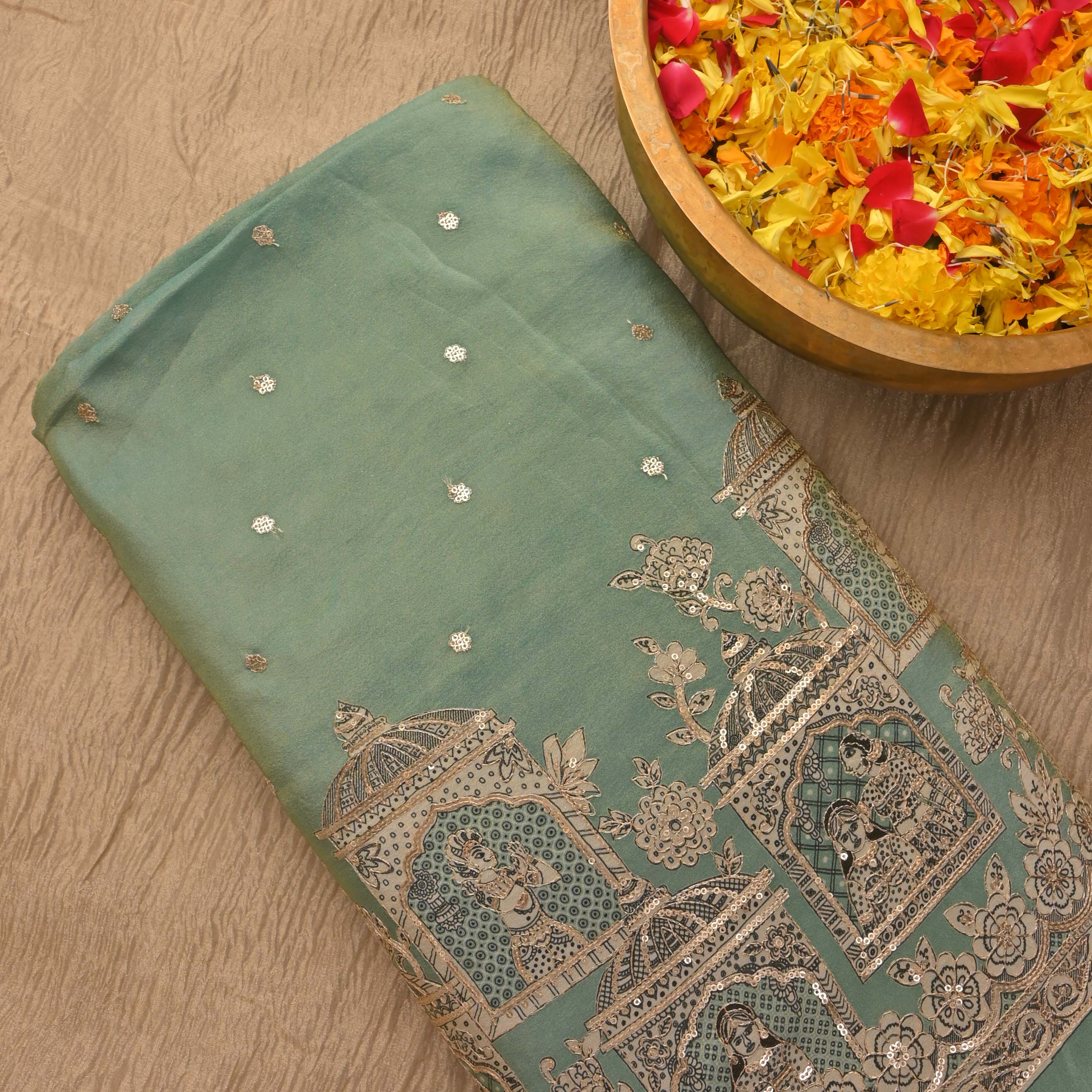 Hemlock Green Tissue Embroidery Border Fabric