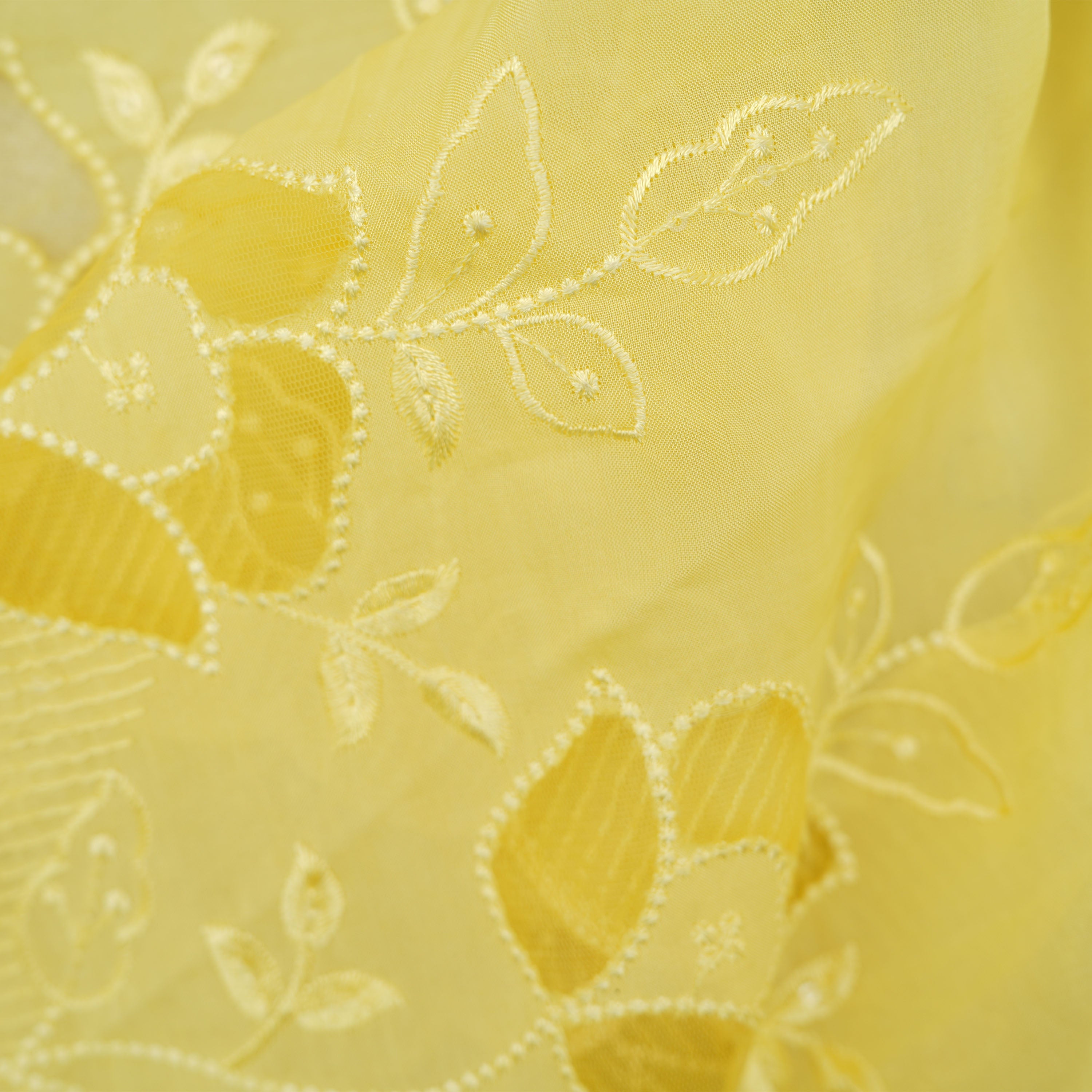 Apache Yellow Floral Embroidered Organza Fabric