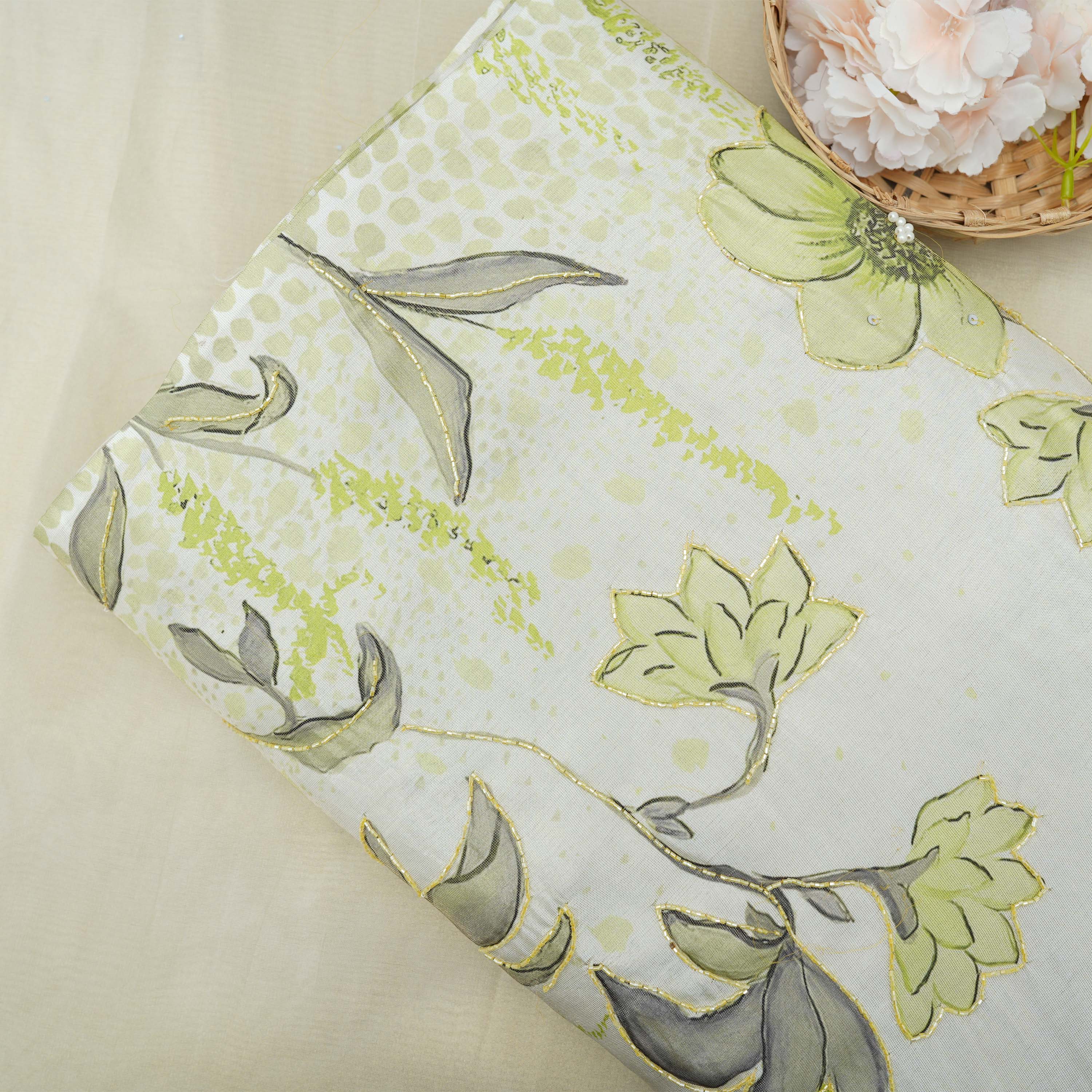 Gray Olive Yellow Multicolor Floral With Cut Beads Tissue Fabric