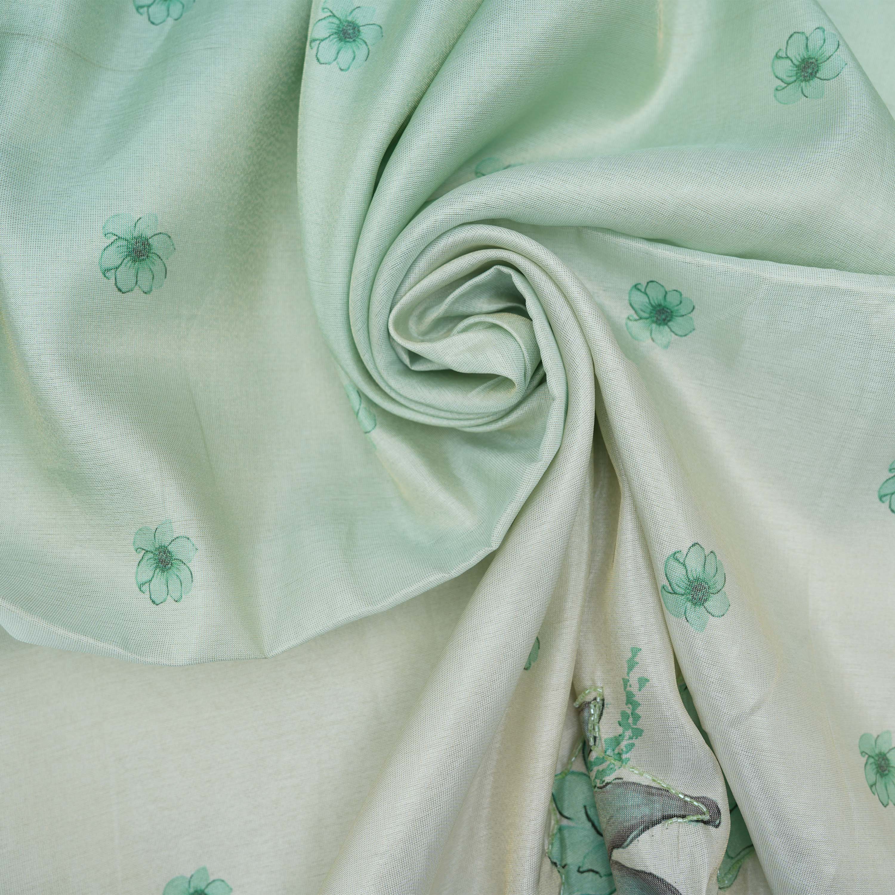 Aqua Green Aesthetic Floral With Cut Beads Tissue Fabric
