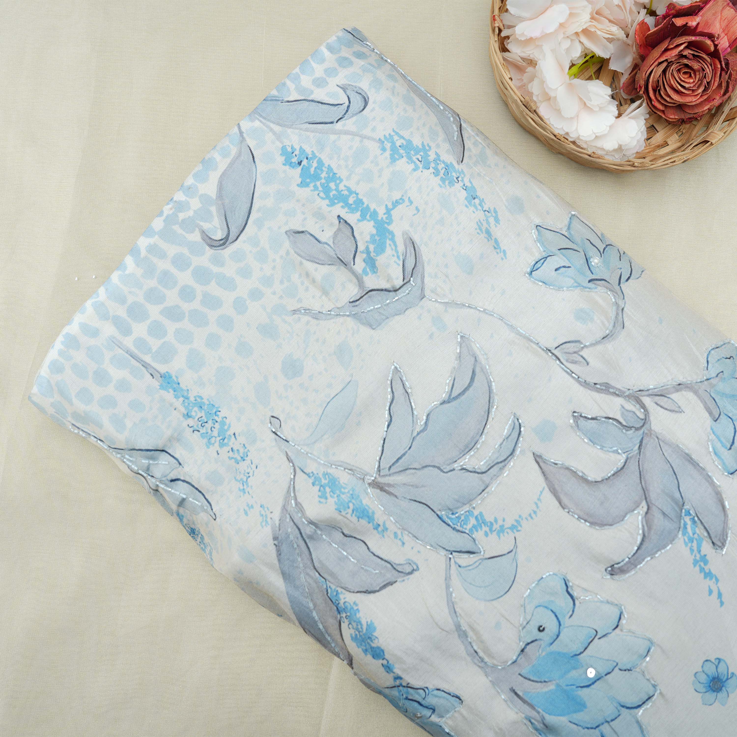 Geyser Blue Multicolor Floral With Cut Beads Tissue Fabric