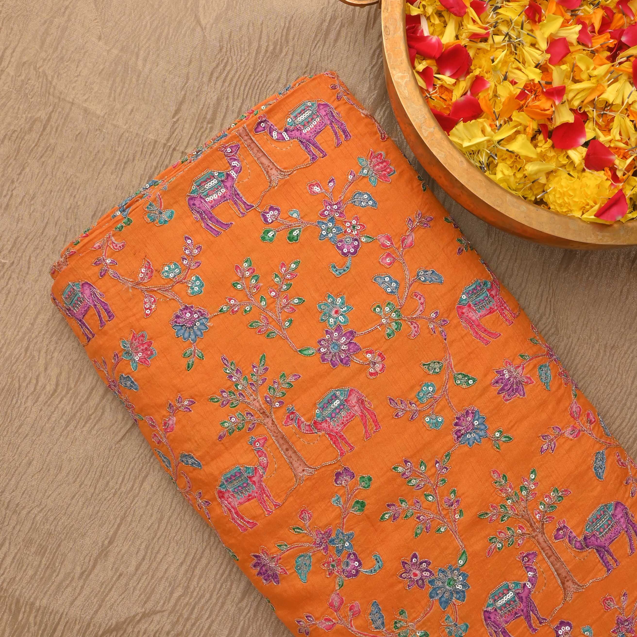 Dark Orange Silk Embroidery Jaal Fabric