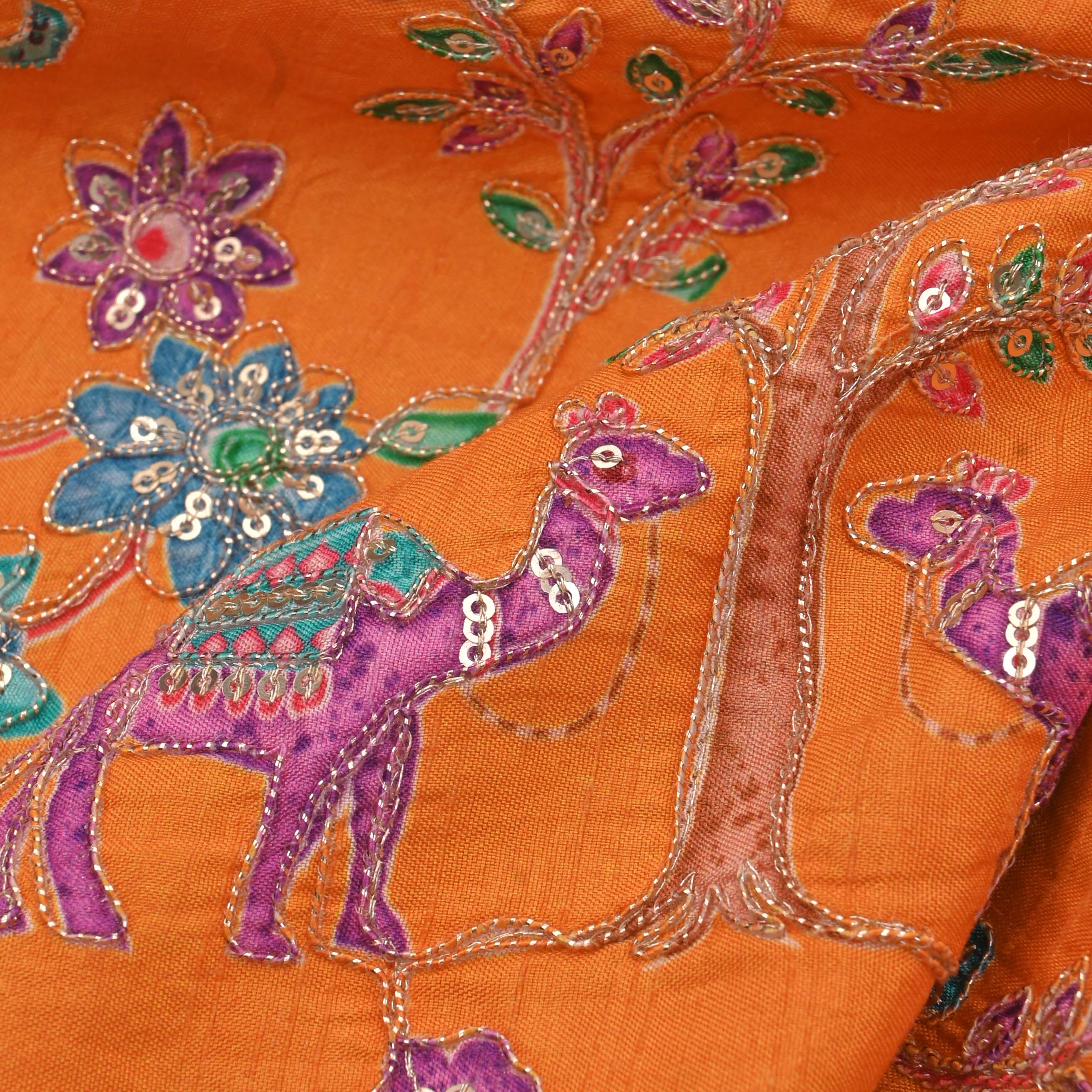 Dark Orange Silk Embroidery Jaal Fabric
