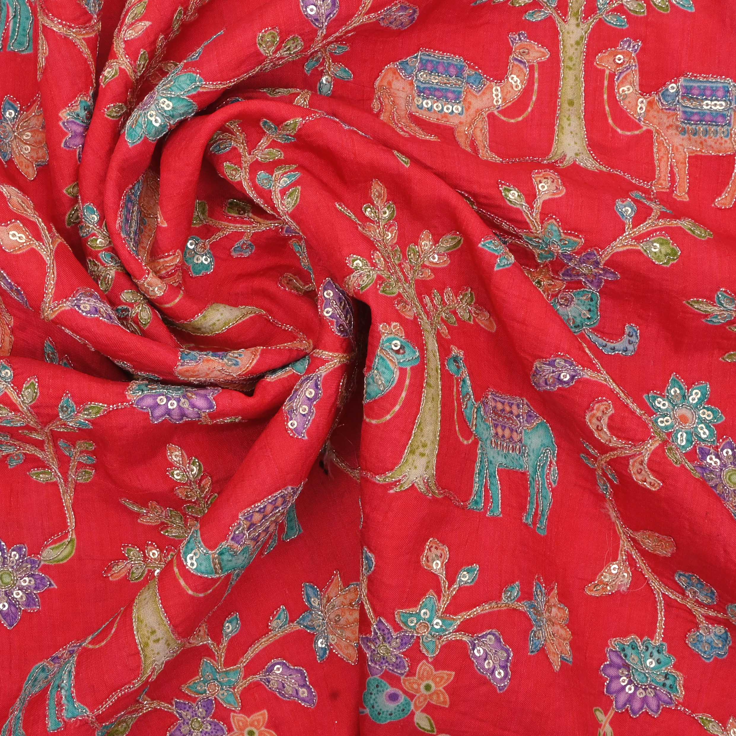 Imperial Red Silk Embroidery Jaal Fabric