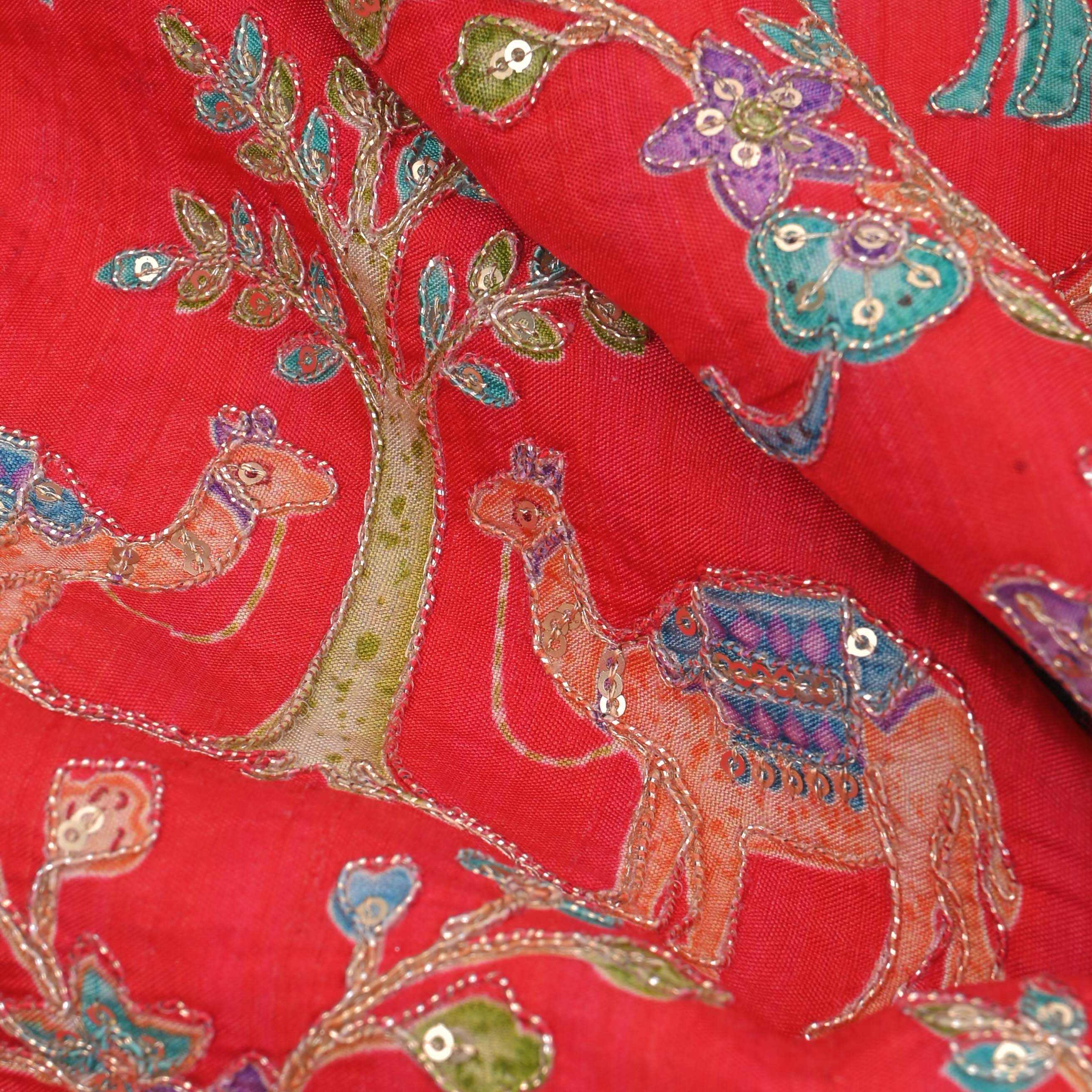 Imperial Red Silk Embroidery Jaal Fabric