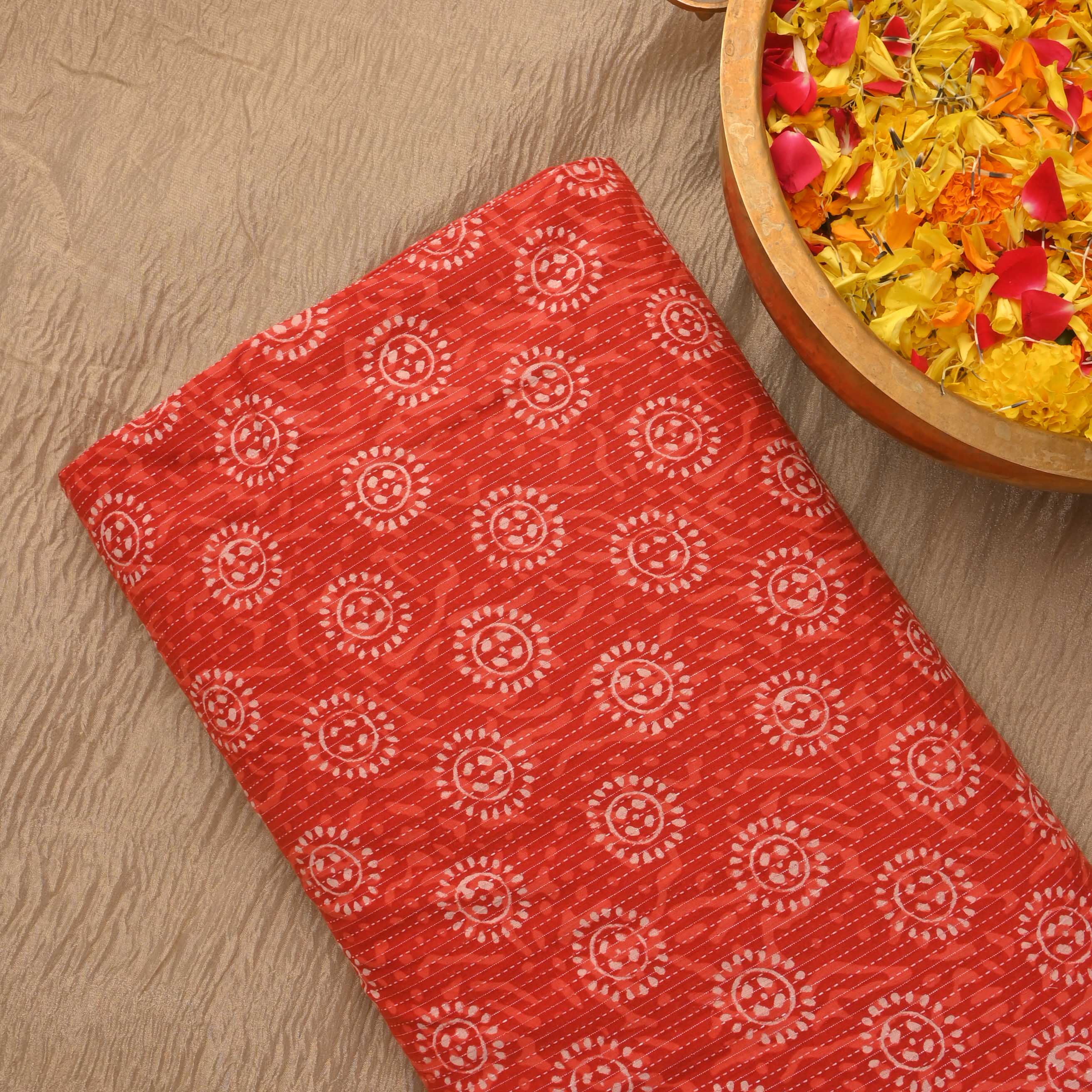 Vermilllion Orange Ajrakh Printed Cotton Fabric